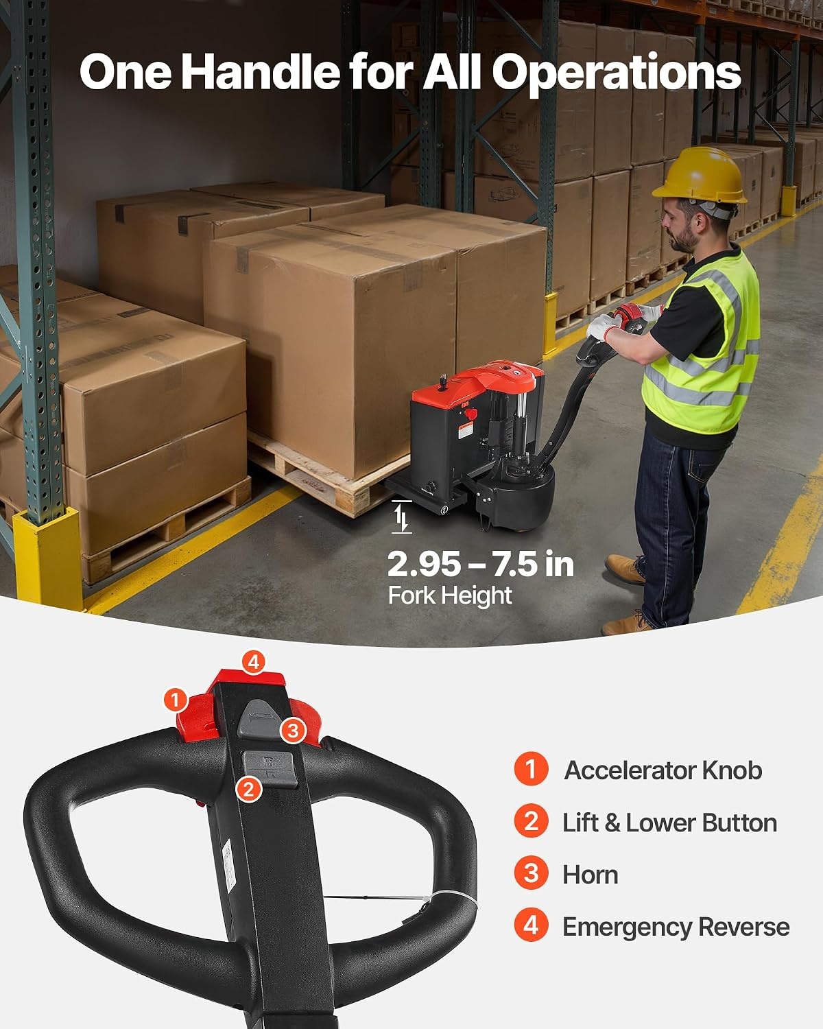 image:imageVEVOR Electric Pallet Jack 4400 lbs Load Capacity Lithium Battery Powered Pallet Jack Truck with 48L x 27W Inch Forks for Material Handling Suitable for Warehouse Supermarket Manufacturing4400 LBS