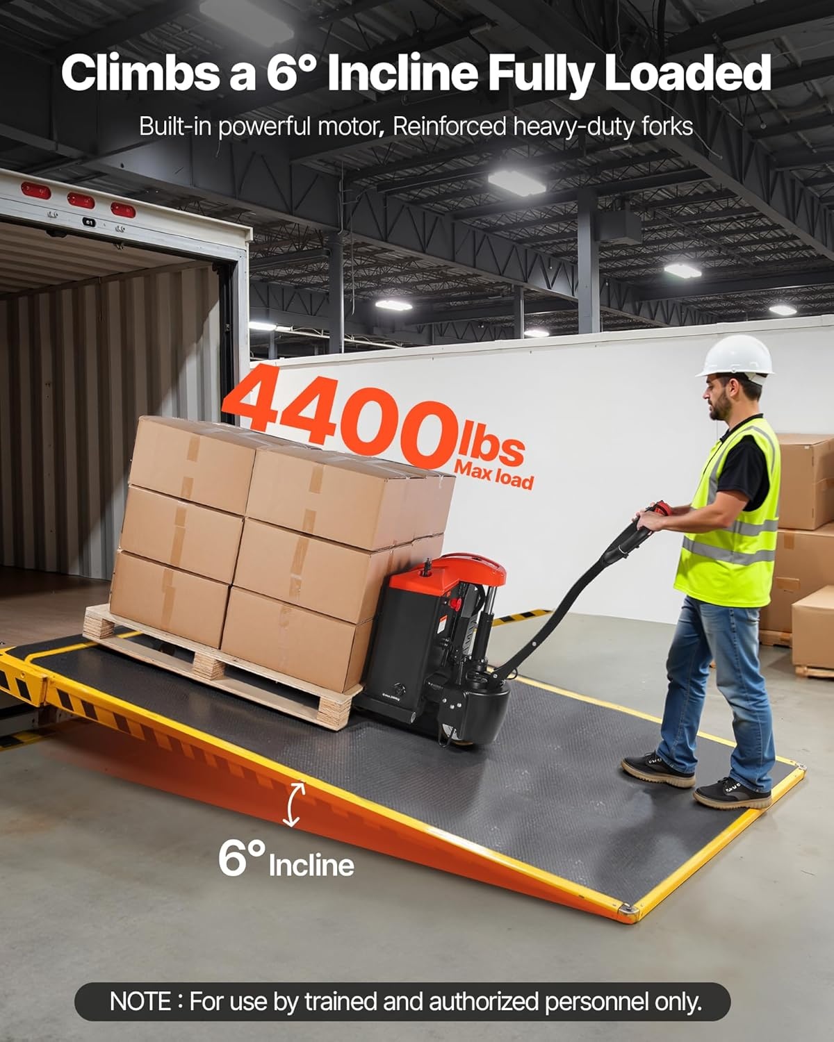 image:imageVEVOR Electric Pallet Jack 4400 lbs Load Capacity Lithium Battery Powered Pallet Jack Truck with 48L x 27W Inch Forks for Material Handling Suitable for Warehouse Supermarket Manufacturing4400 LBS