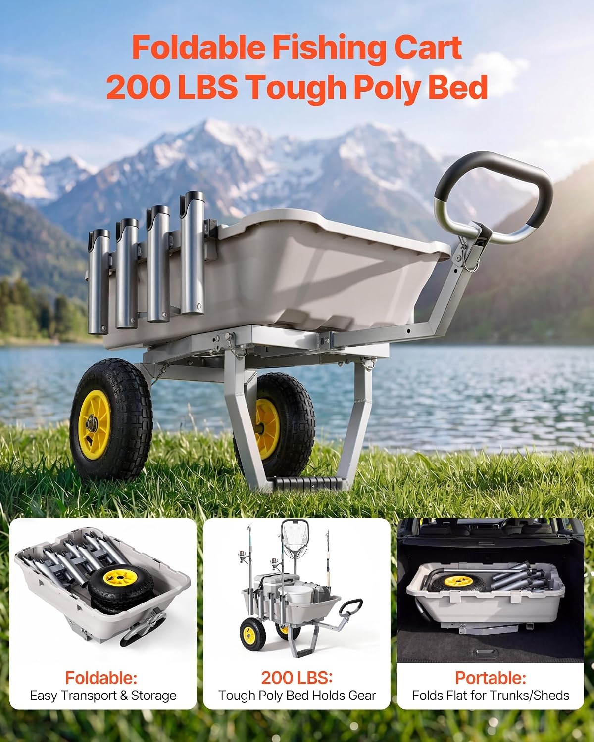 image:imageVEVOR Fishing Cart 300 lbs Load Capacity Foldable Fish and Marine Cart with Four 11 Big Wheels Rubber Balloon Tires HeavyDuty Steel Pier Wagon Trolley with 8 Rod Holders for Picnic480 D x 272 W x 256 H