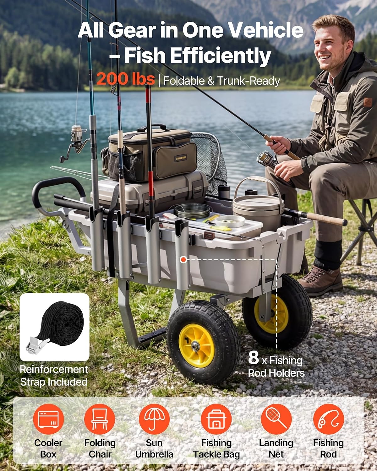 image:imageVEVOR Fishing Cart 300 lbs Load Capacity Foldable Fish and Marine Cart with Four 11 Big Wheels Rubber Balloon Tires HeavyDuty Steel Pier Wagon Trolley with 8 Rod Holders for Picnic480 D x 272 W x 256 H
