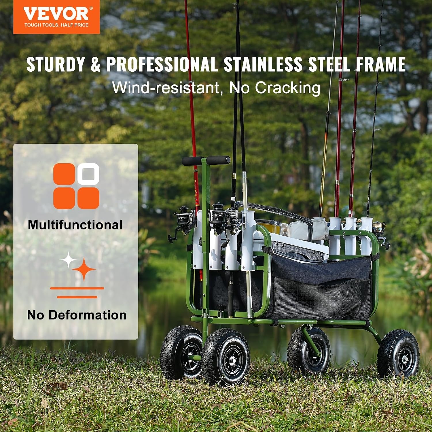 image:imageVEVOR Fishing Cart 300 lbs Load Capacity Foldable Fish and Marine Cart with Four 11 Big Wheels Rubber Balloon Tires HeavyDuty Steel Pier Wagon Trolley with 8 Rod Holders for Picnic551 D x 246 W x 386 H