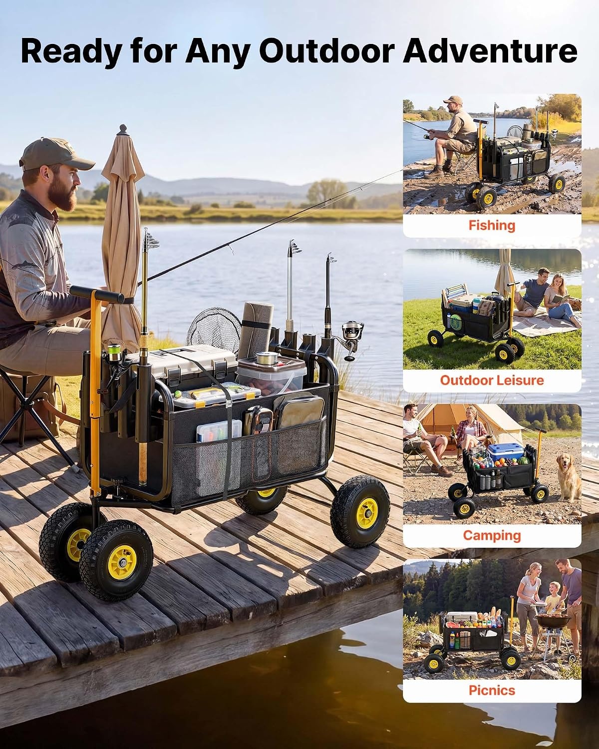 image:imageVEVOR Fishing Cart 300 lbs Load Capacity Foldable Fish and Marine Cart with Four 11 Big Wheels Rubber Balloon Tires HeavyDuty Steel Pier Wagon Trolley with 8 Rod Holders for Picnic551 D x 242 W x 328 H