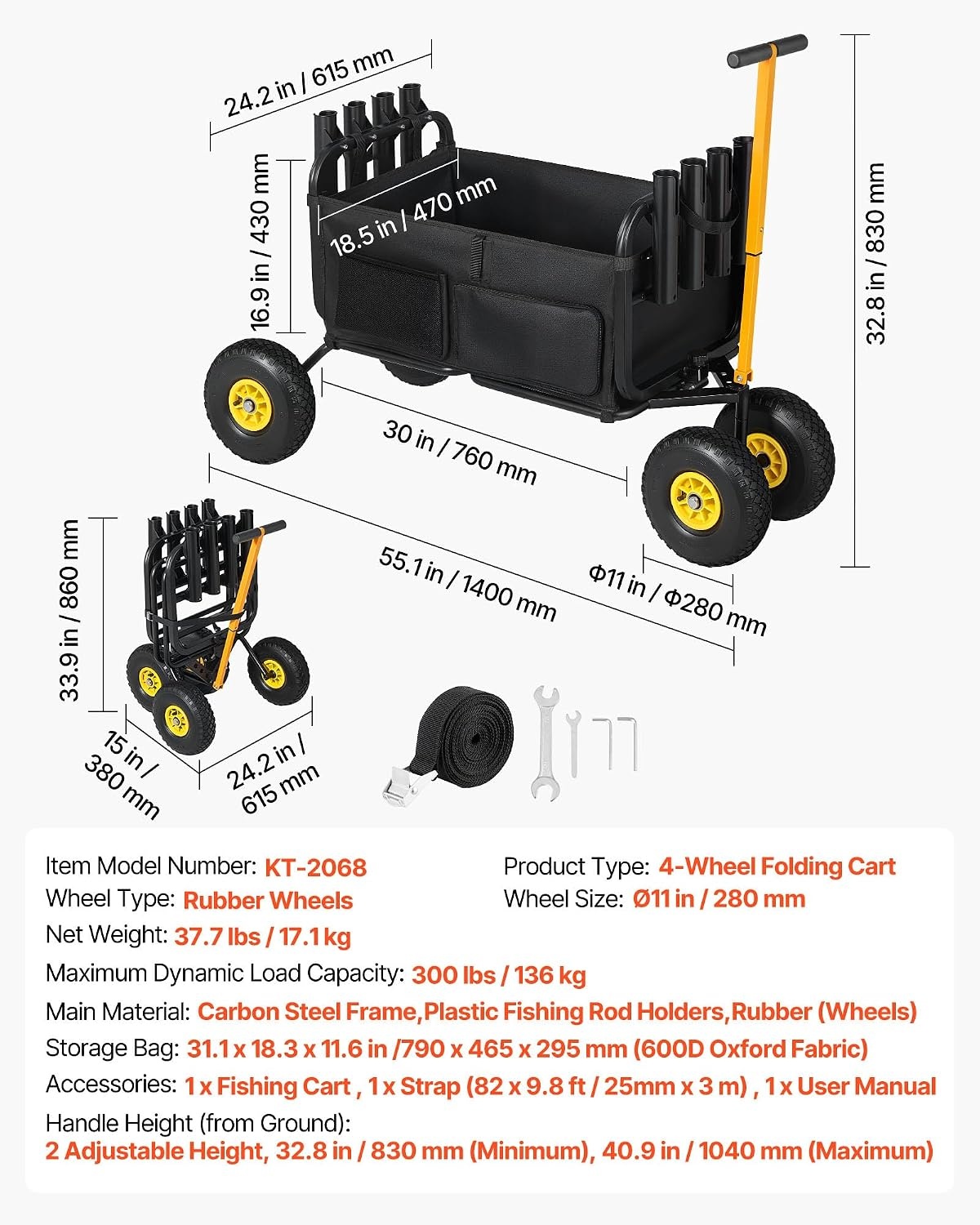 image:imageVEVOR Fishing Cart 300 lbs Load Capacity Foldable Fish and Marine Cart with Four 11 Big Wheels Rubber Balloon Tires HeavyDuty Steel Pier Wagon Trolley with 8 Rod Holders for Picnic551 D x 242 W x 328 H