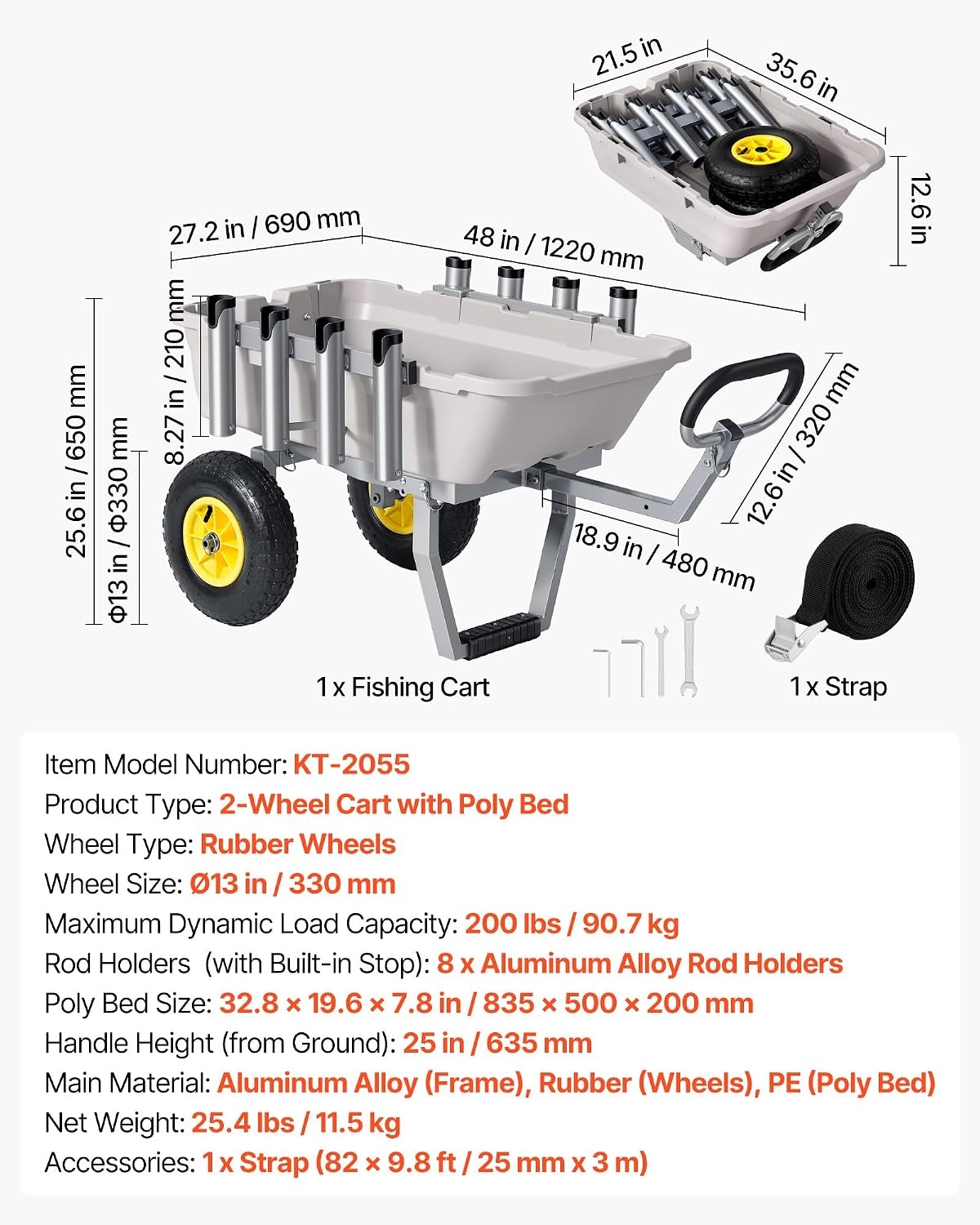 image:imageVEVOR Fishing Cart 300 lbs Load Capacity Foldable Fish and Marine Cart with Four 11 Big Wheels Rubber Balloon Tires HeavyDuty Steel Pier Wagon Trolley with 8 Rod Holders for Picnic480 D x 272 W x 256 H