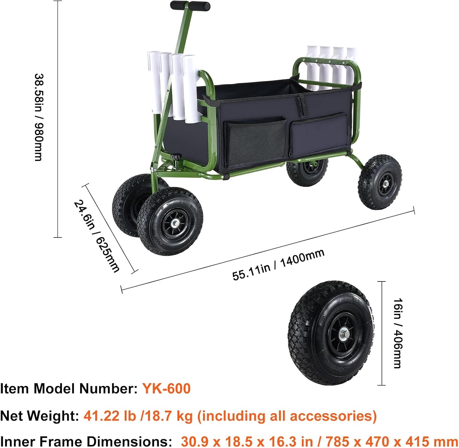 image:imageVEVOR Fishing Cart 300 lbs Load Capacity Foldable Fish and Marine Cart with Four 11 Big Wheels Rubber Balloon Tires HeavyDuty Steel Pier Wagon Trolley with 8 Rod Holders for Picnic551 D x 246 W x 386 H
