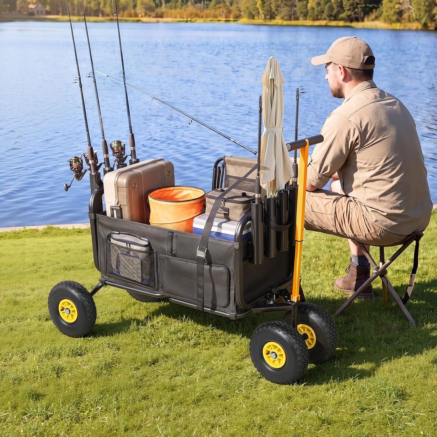image:imageVEVOR Fishing Cart 300 lbs Load Capacity Foldable Fish and Marine Cart with Four 11 Big Wheels Rubber Balloon Tires HeavyDuty Steel Pier Wagon Trolley with 8 Rod Holders for Picnic551 D x 242 W x 328 H