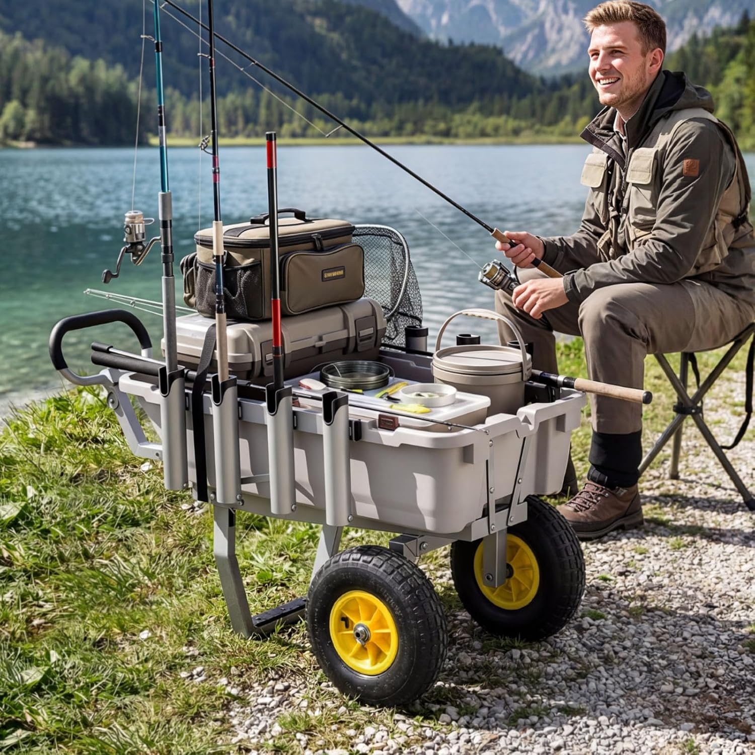 image:imageVEVOR Fishing Cart 300 lbs Load Capacity Foldable Fish and Marine Cart with Four 11 Big Wheels Rubber Balloon Tires HeavyDuty Steel Pier Wagon Trolley with 8 Rod Holders for Picnic480 D x 272 W x 256 H