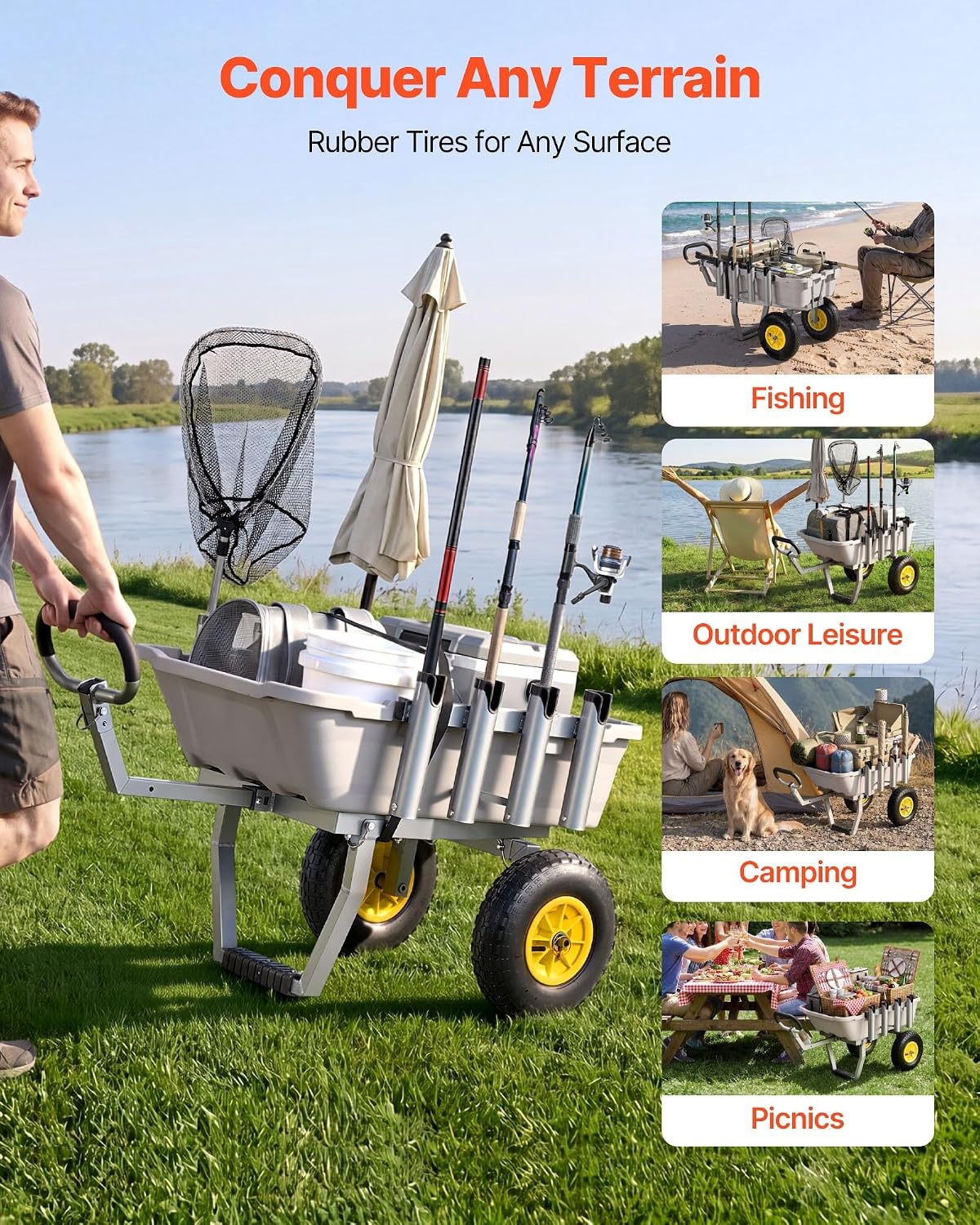 image:imageVEVOR Fishing Cart 300 lbs Load Capacity Foldable Fish and Marine Cart with Four 11 Big Wheels Rubber Balloon Tires HeavyDuty Steel Pier Wagon Trolley with 8 Rod Holders for Picnic480 D x 272 W x 256 H