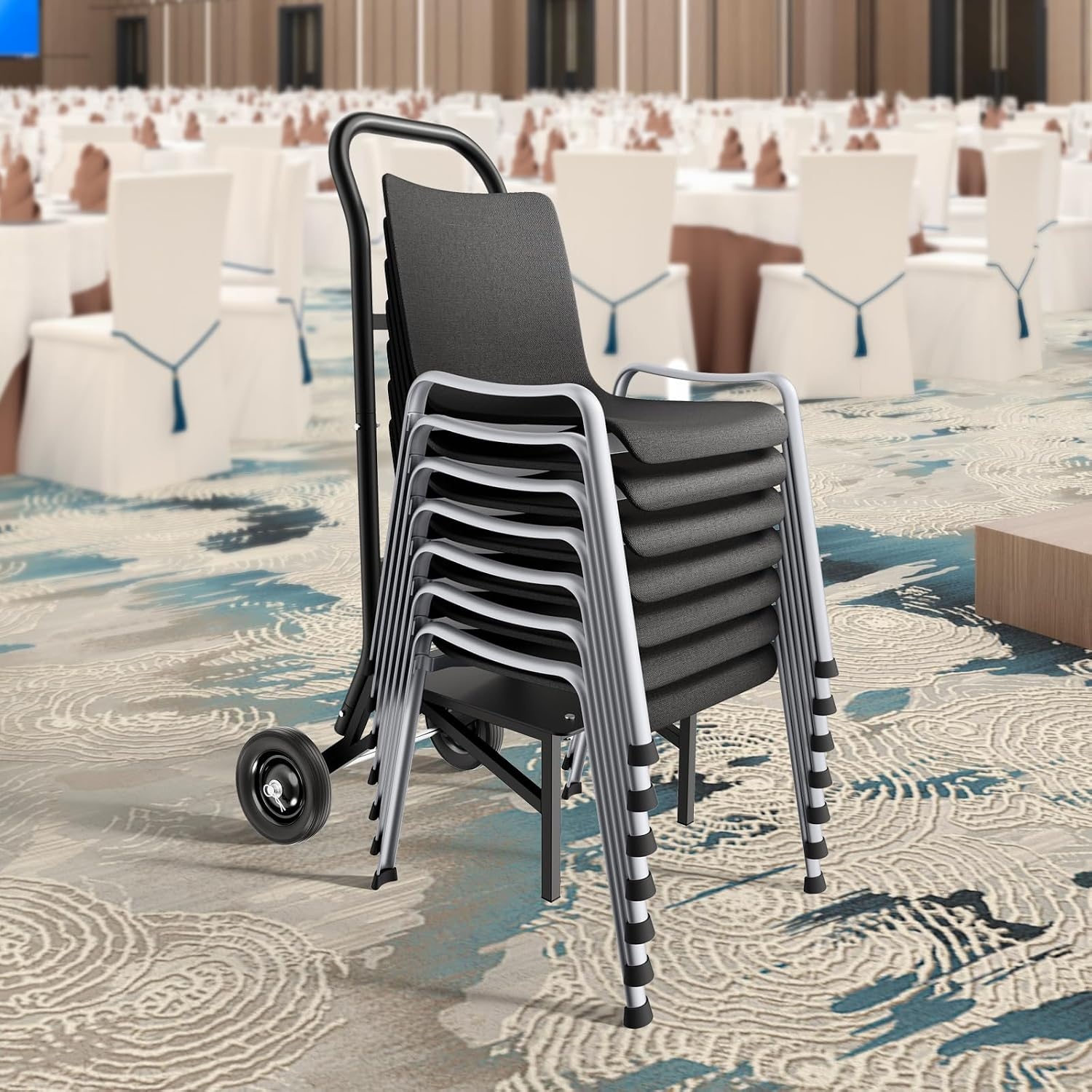 image:imageVEVOR Folding Chair Rack 150 LBS Capacity HeavyDuty Chair Cart for Stacking 10 Chairs MultiFunction Metal Chair Storage Dolly with Rubber Wheels PushStyle Chair Holder Matte BlackStacking type