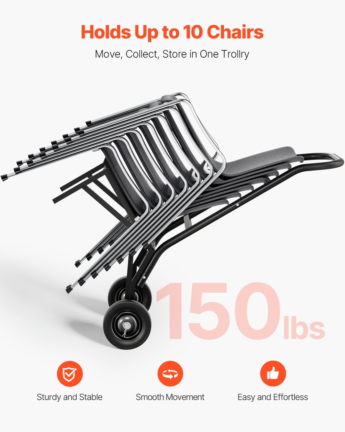 image:imageVEVOR Folding Chair Rack 150 LBS Capacity HeavyDuty Chair Cart for Stacking 10 Chairs MultiFunction Metal Chair Storage Dolly with Rubber Wheels PushStyle Chair Holder Matte BlackStacking type