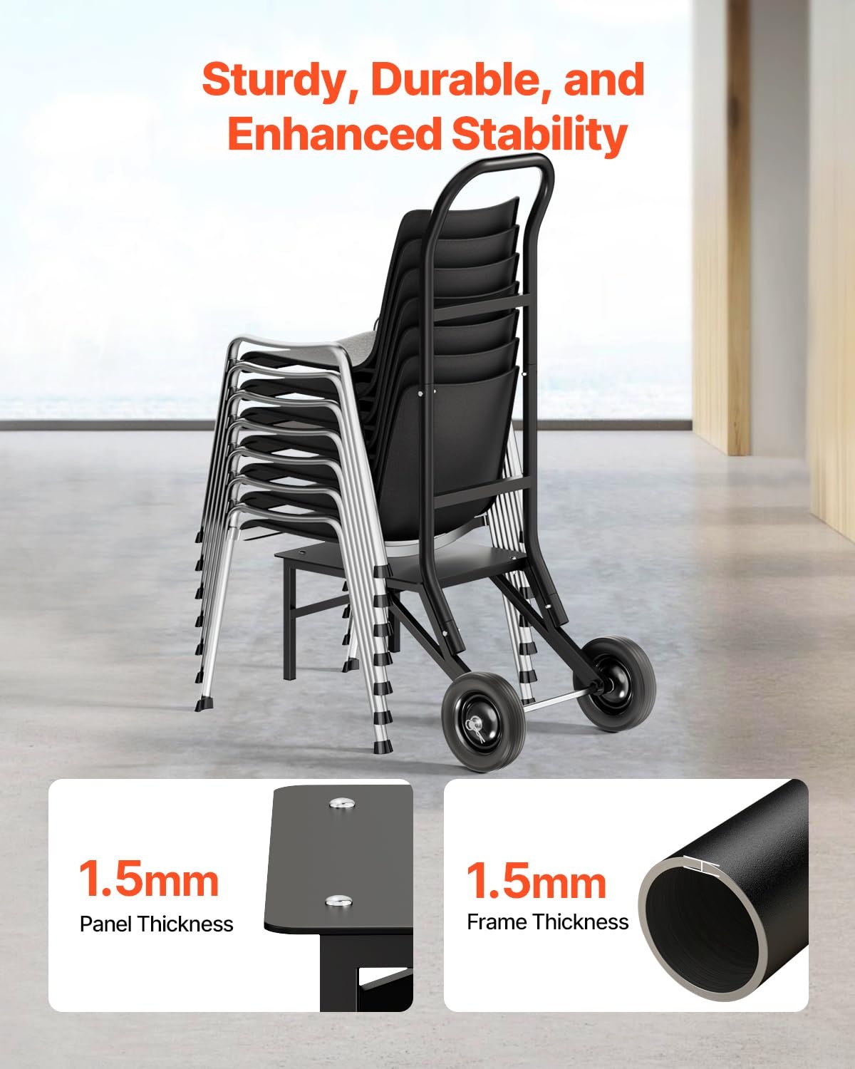 image:imageVEVOR Folding Chair Rack 150 LBS Capacity HeavyDuty Chair Cart for Stacking 10 Chairs MultiFunction Metal Chair Storage Dolly with Rubber Wheels PushStyle Chair Holder Matte BlackStacking type