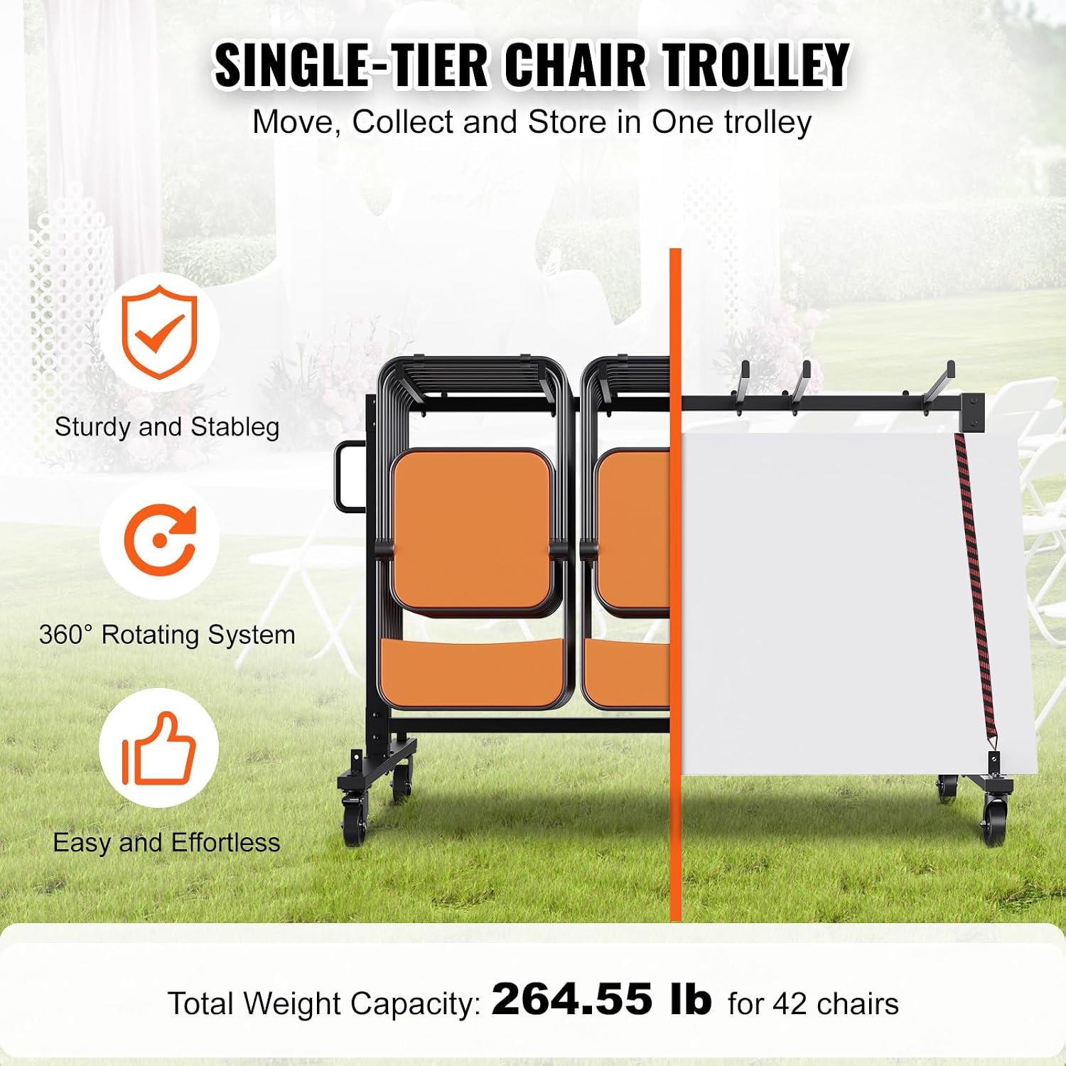 image:imageVEVOR Folding Chair Rack 400 LBS Capacity HeavyDuty Chair Cart for 42 Chairs or 12 Tables MultiFunction Chair Storage Dolly with Rubber Wheels and Holders Large Chair Holder Matte BlackBlack