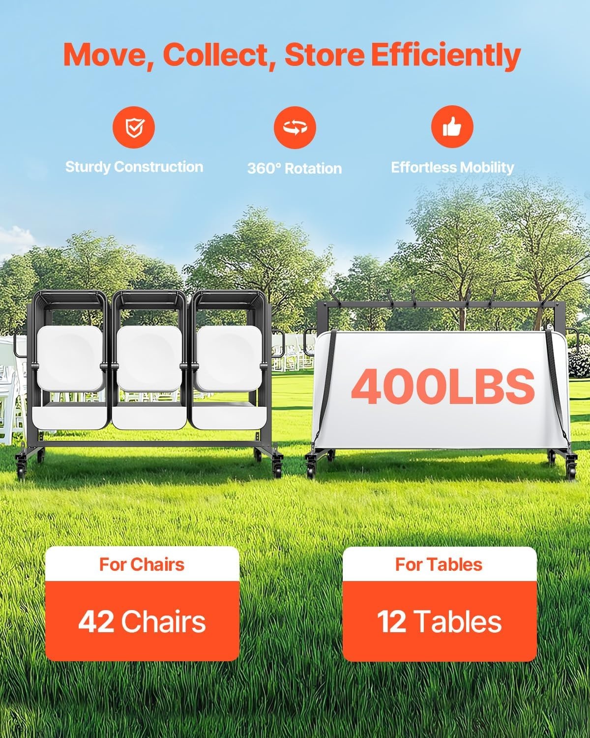 image:imageVEVOR Folding Chair Rack 400 LBS Capacity HeavyDuty Chair Cart for 42 Chairs or 12 Tables MultiFunction Chair Storage Dolly with Rubber Wheels and Holders Large Chair Holder Matte BlackMatte Black