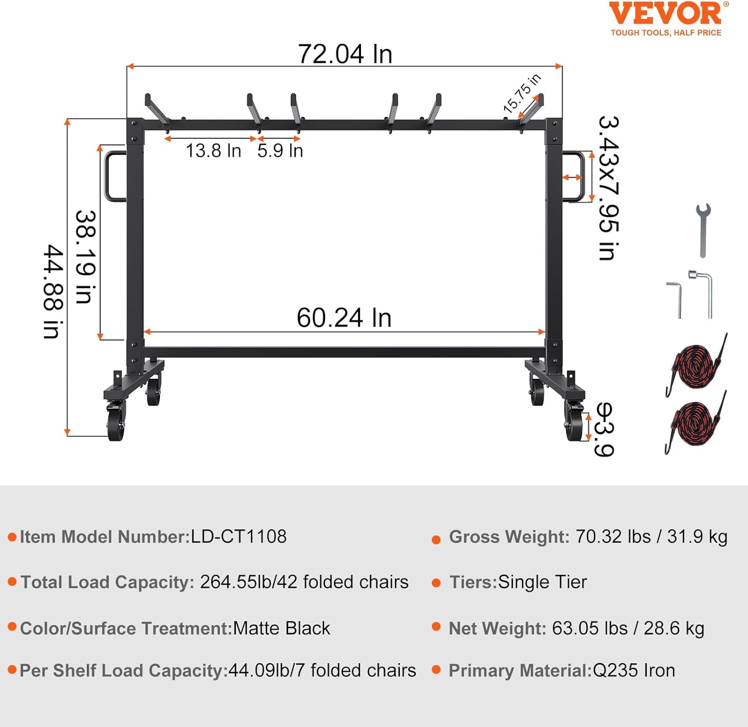image:imageVEVOR Folding Chair Rack 400 LBS Capacity HeavyDuty Chair Cart for 42 Chairs or 12 Tables MultiFunction Chair Storage Dolly with Rubber Wheels and Holders Large Chair Holder Matte BlackBlack