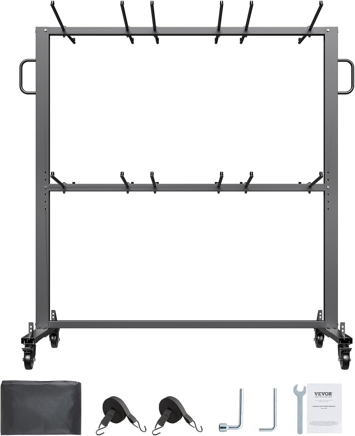 image:imageVEVOR Folding Chair Rack 800 LBS Capacity HeavyDuty Chair Cart for 84 Chairs 12 Tables42 Chairs DualLayer Chair Storage Dolly with Rubber Wheels and Holders Large Chair Holder Matte Black