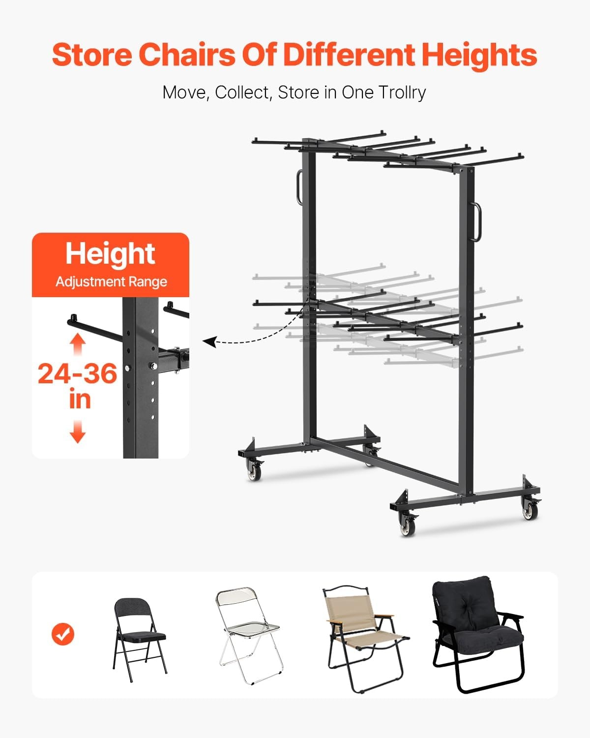 image:imageVEVOR Folding Chair Rack 800 LBS Capacity HeavyDuty Chair Cart for 84 Chairs 12 Tables42 Chairs DualLayer Chair Storage Dolly with Rubber Wheels and Holders Large Chair Holder Matte Black