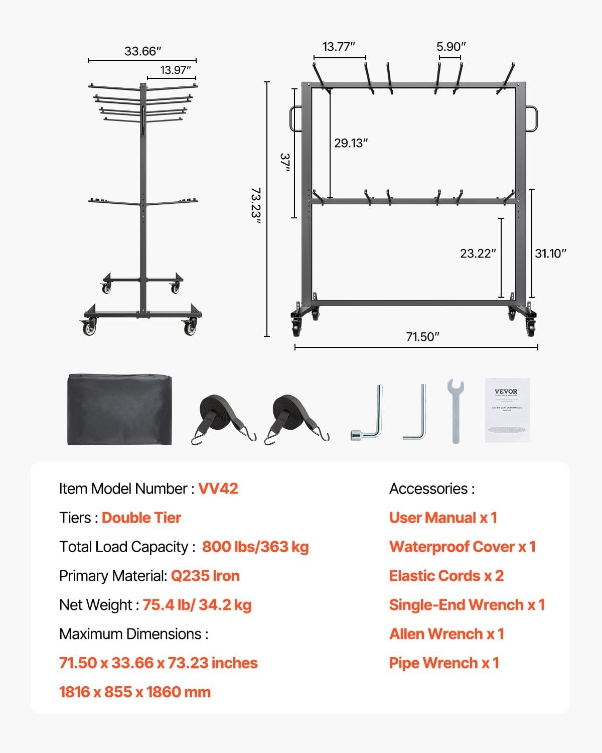 image:imageVEVOR Folding Chair Rack 800 LBS Capacity HeavyDuty Chair Cart for 84 Chairs 12 Tables42 Chairs DualLayer Chair Storage Dolly with Rubber Wheels and Holders Large Chair Holder Matte Black