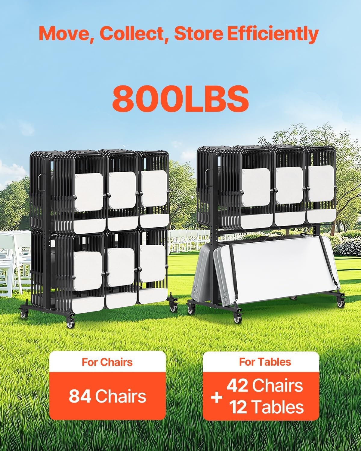 image:imageVEVOR Folding Chair Rack 800 LBS Capacity HeavyDuty Chair Cart for 84 Chairs 12 Tables42 Chairs DualLayer Chair Storage Dolly with Rubber Wheels and Holders Large Chair Holder Matte Black
