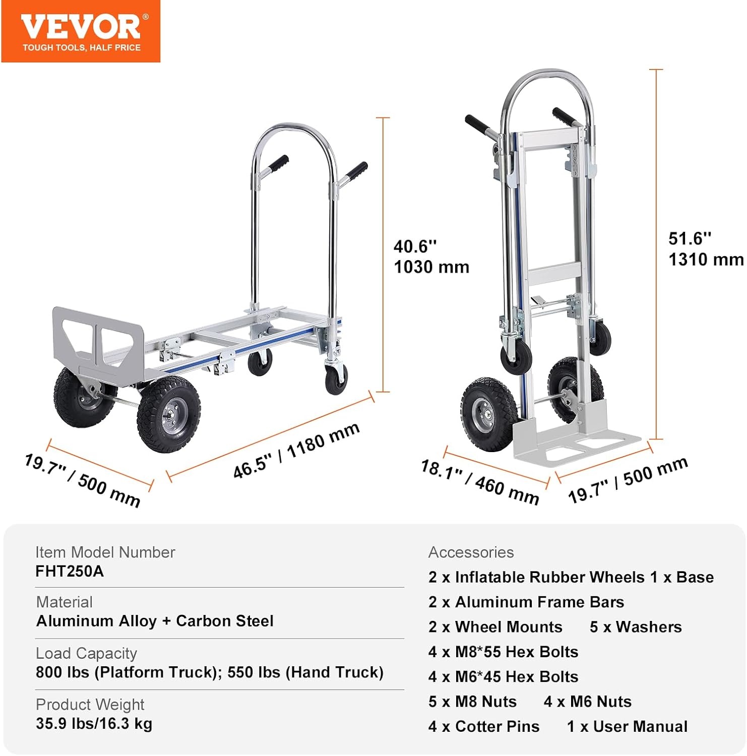 image:imageVEVOR Folding Hand Truck 80 kg Load Capacity Aluminum Portable Cart Convertible Hand Truck and Dolly with Telescoping Handle and Rubber Wheels Ultra Lightweight Super Strong for Moving Warehouse800 lbs