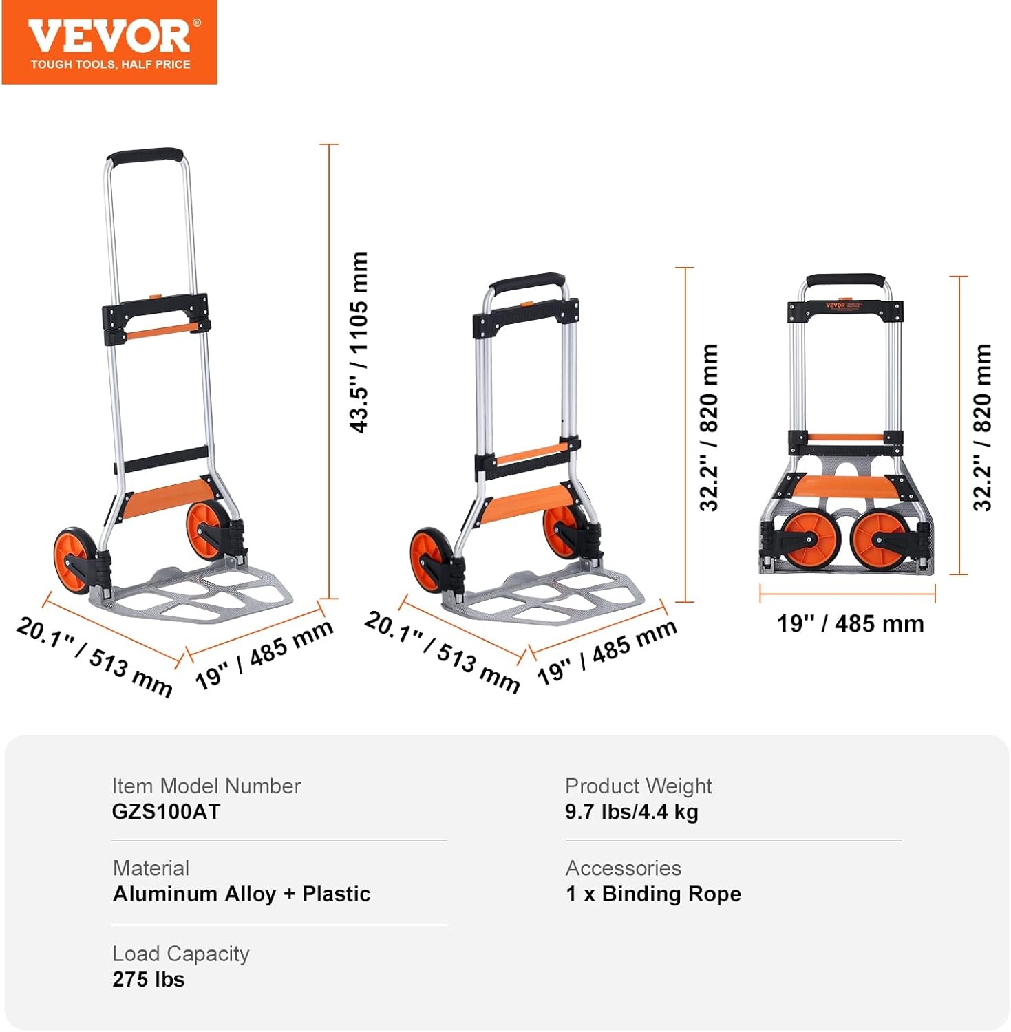 image:imageVEVOR Folding Hand Truck 80 kg Load Capacity Aluminum Portable Cart Convertible Hand Truck and Dolly with Telescoping Handle and Rubber Wheels Ultra Lightweight Super Strong for Moving Warehouse275 lbs