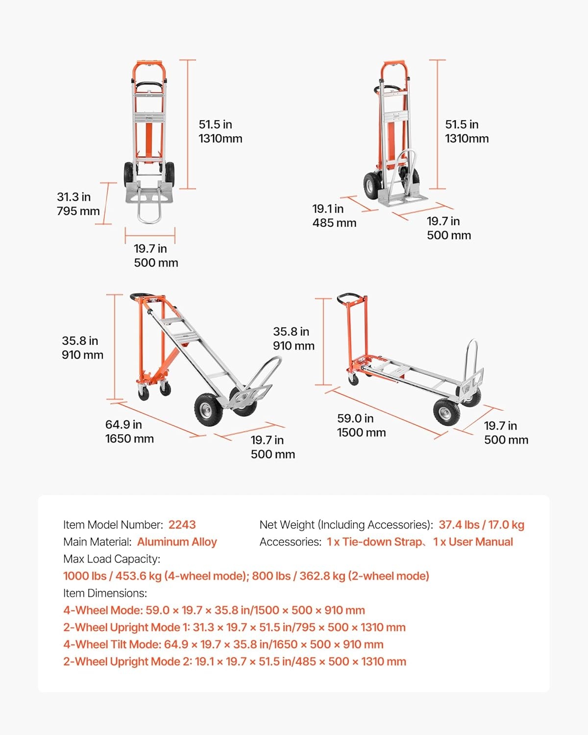 image:imageVEVOR Folding Hand Truck 80 kg Load Capacity Aluminum Portable Cart Convertible Hand Truck and Dolly with Telescoping Handle and Rubber Wheels Ultra Lightweight Super Strong for Moving Warehouse1000 lbs