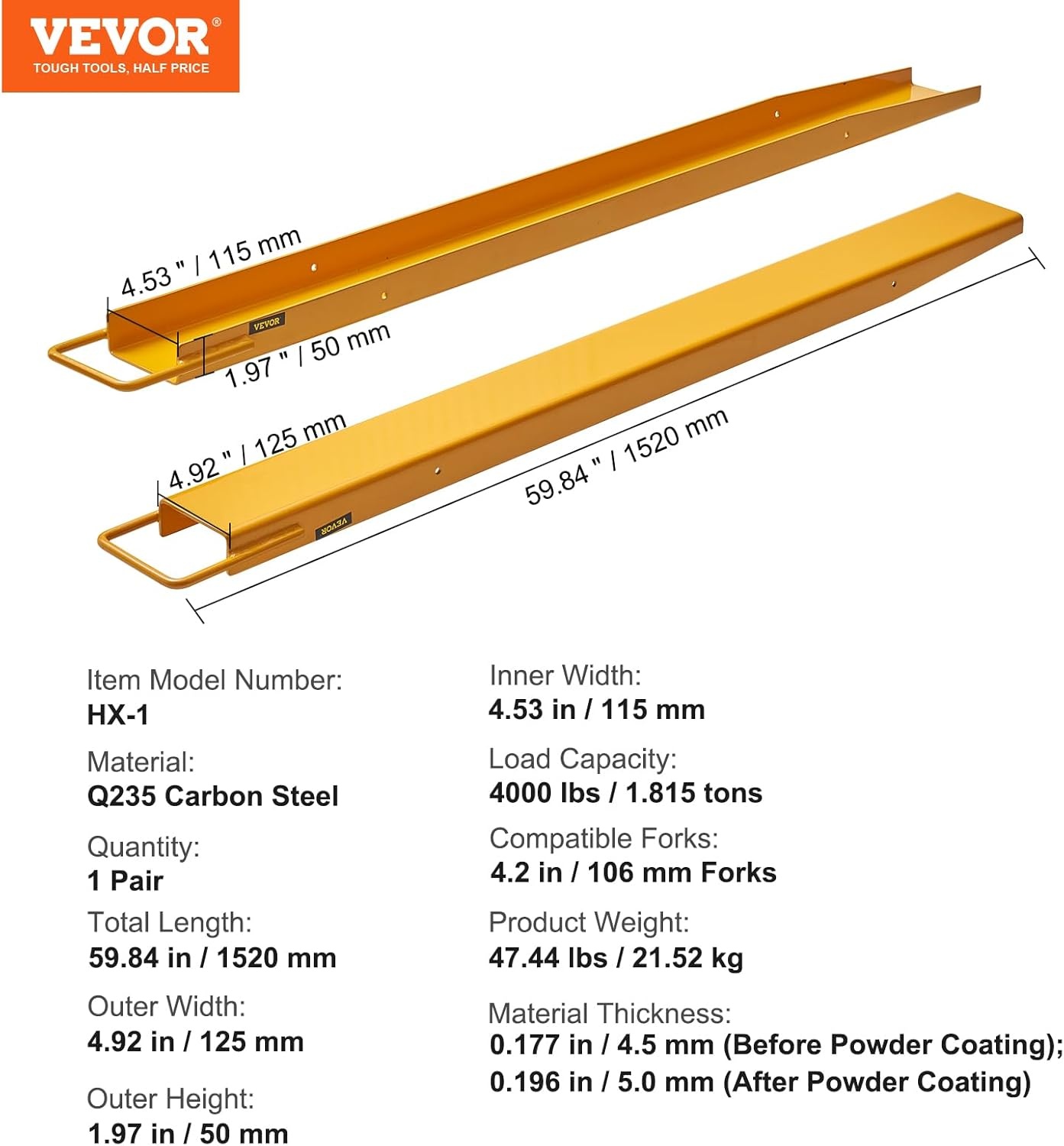 image:imageVEVOR Forklift Extensions 84 Inch Fork Extensions 45 Inch Width Heavy Duty Fork Extensions for Forklifts 1 Pair Forklift Extensions for Truck60 x 45 Inch