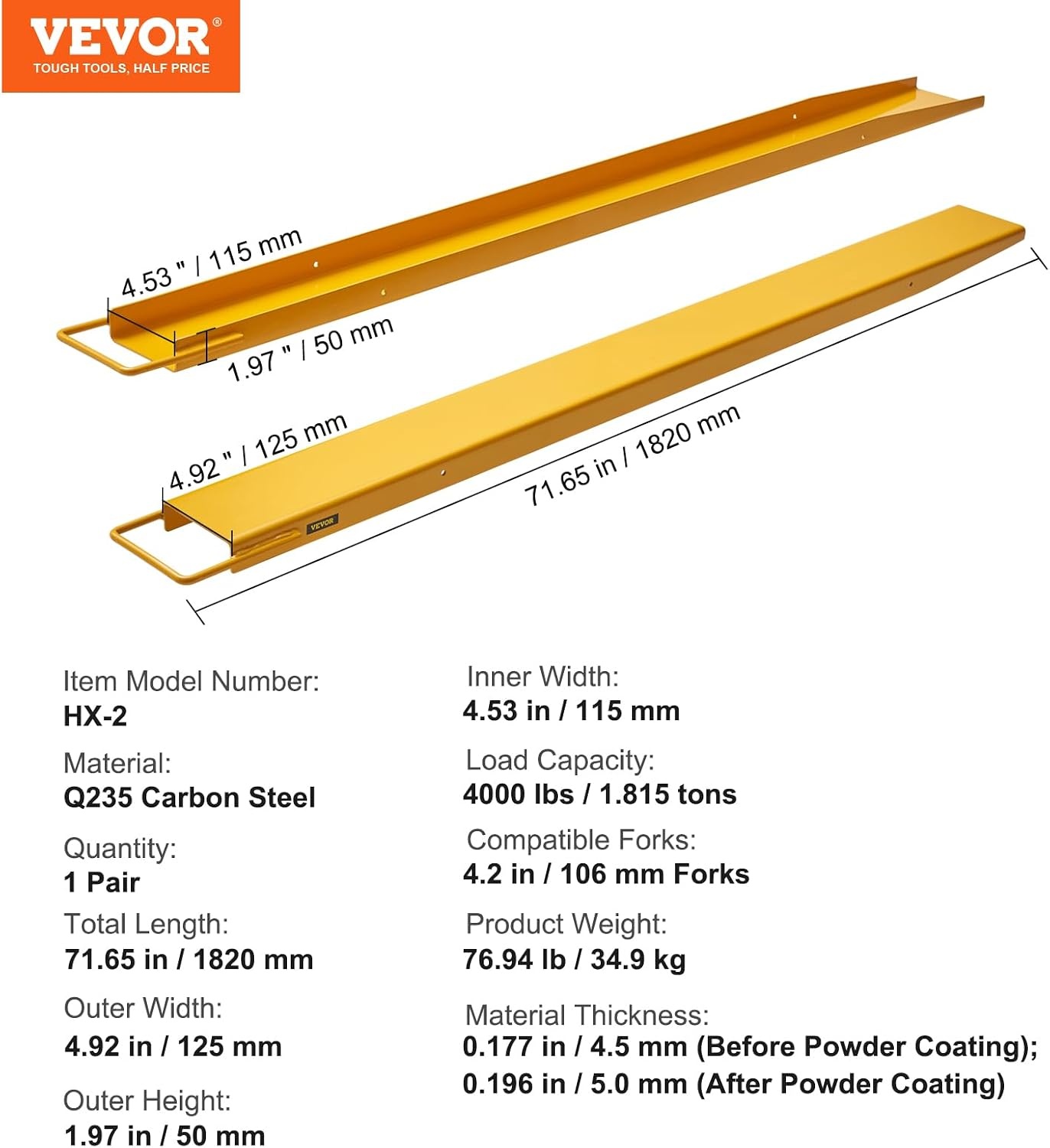 image:imageVEVOR Forklift Extensions 84 Inch Fork Extensions 45 Inch Width Heavy Duty Fork Extensions for Forklifts 1 Pair Forklift Extensions for Truck72 x 45 Inch