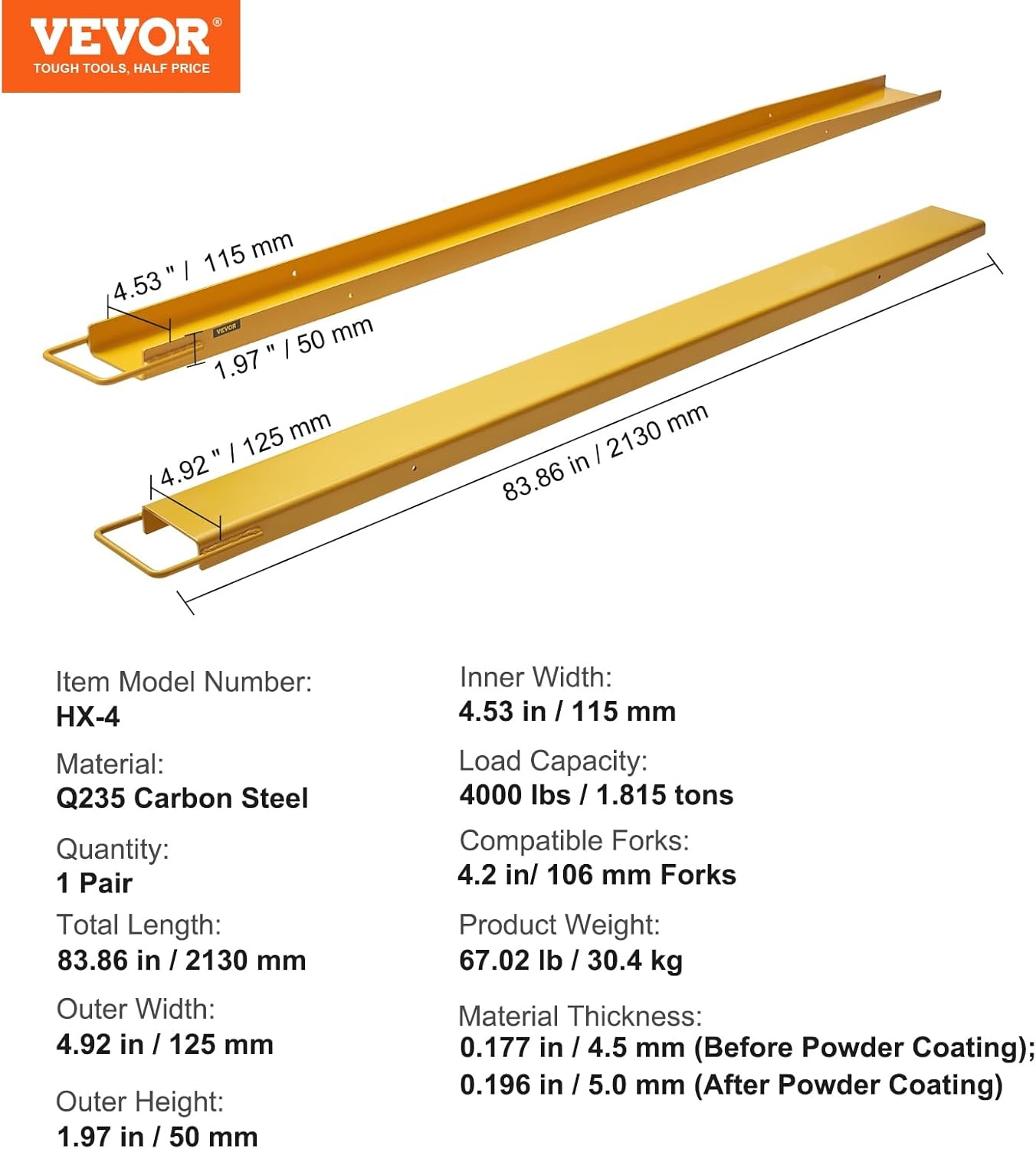 image:imageVEVOR Forklift Extensions 84 Inch Fork Extensions 45 Inch Width Heavy Duty Fork Extensions for Forklifts 1 Pair Forklift Extensions for Truck84 x 45 Inch
