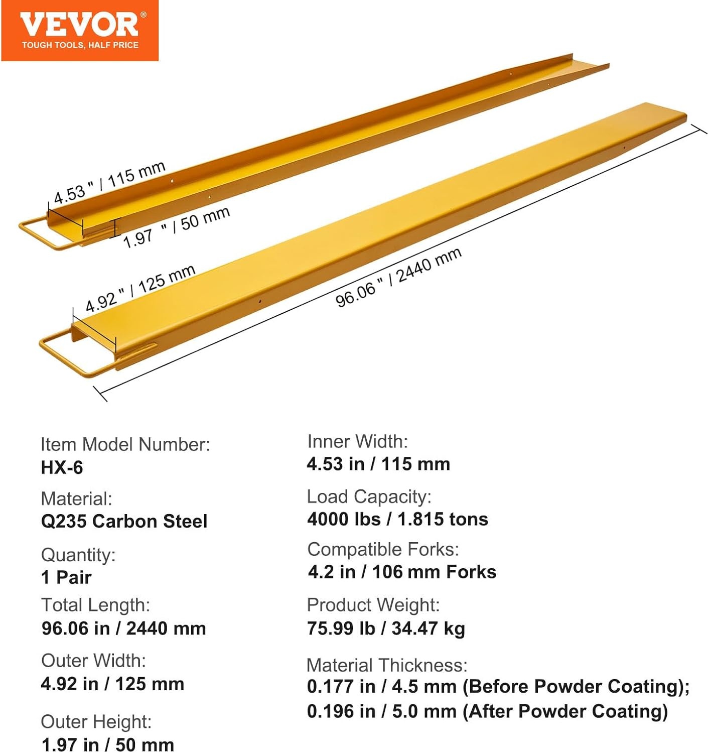 image:imageVEVOR Forklift Extensions 84 Inch Fork Extensions 45 Inch Width Heavy Duty Fork Extensions for Forklifts 1 Pair Forklift Extensions for Truck96 x 45 Inch