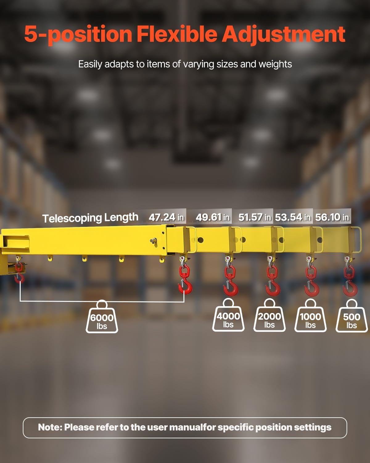 image:imageVEVOR Forklift Jib Boom Crane 6000lbs Capacity Manual Telescoping Boom Extends Up to 561 inches Forklift Mobile Crane with 2 Hooks Adjustable Forklift Crane Attachment for Warehouse Factories6000 LBS