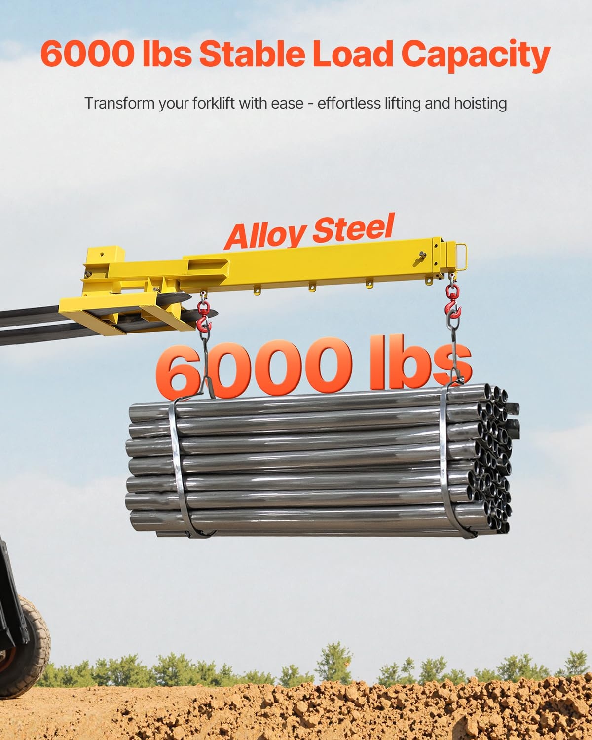 image:imageVEVOR Forklift Jib Boom Crane 6000lbs Capacity Manual Telescoping Boom Extends Up to 561 inches Forklift Mobile Crane with 2 Hooks Adjustable Forklift Crane Attachment for Warehouse Factories6000 LBS