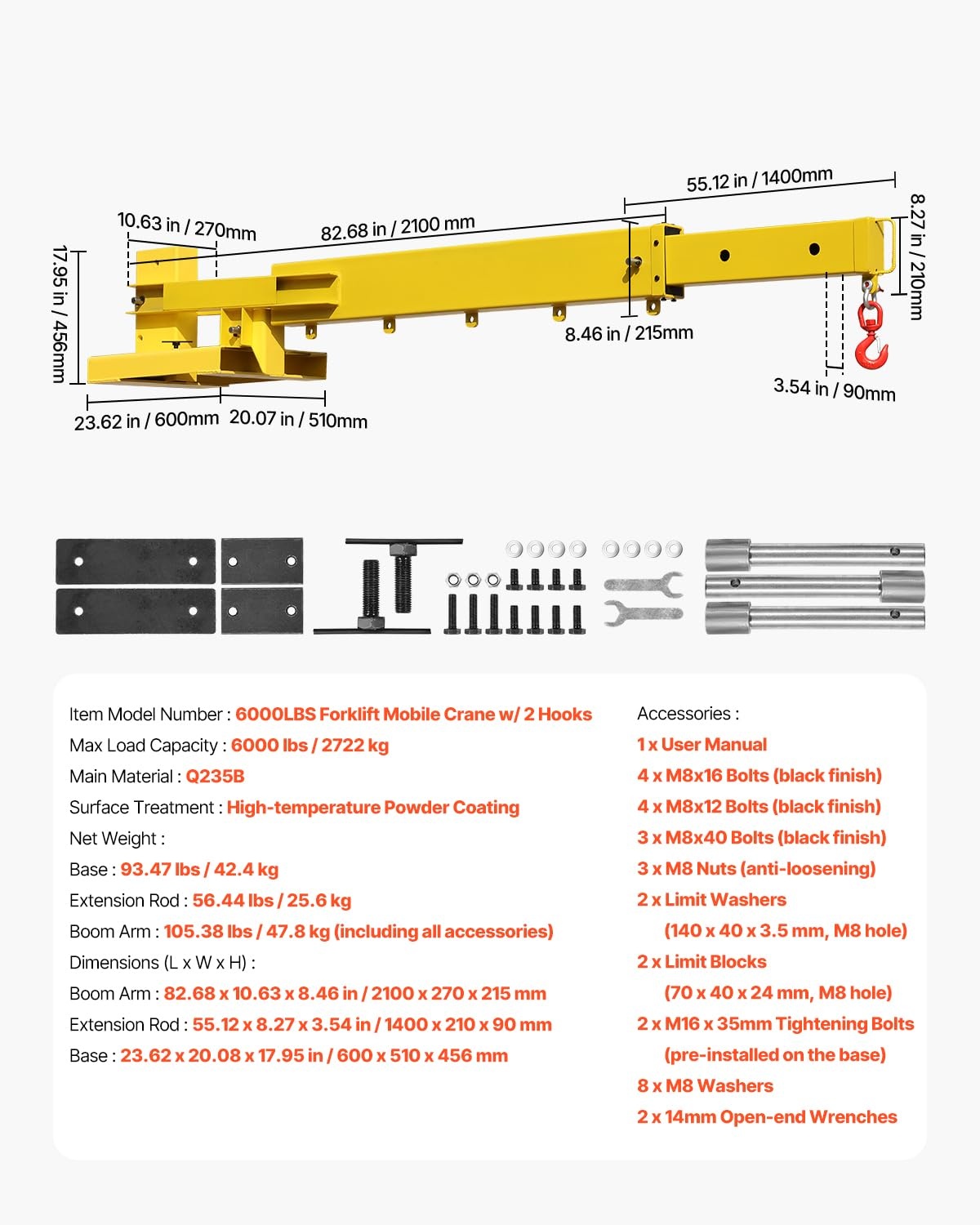image:imageVEVOR Forklift Jib Boom Crane 6000lbs Capacity Manual Telescoping Boom Extends Up to 561 inches Forklift Mobile Crane with 2 Hooks Adjustable Forklift Crane Attachment for Warehouse Factories6000 LBS