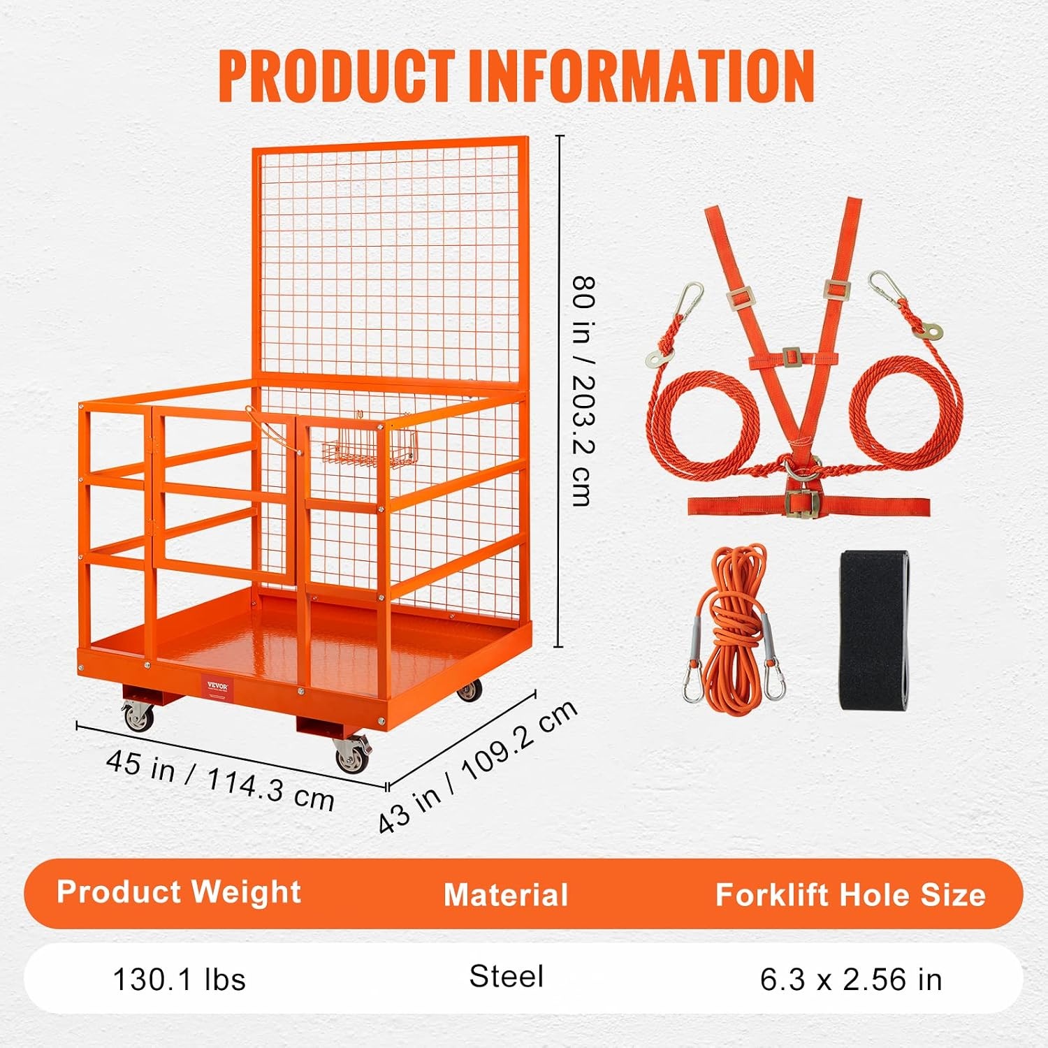 image:imageVEVOR Forklift Safety Cage Forklift Man Basket 1400lbs Capacity 43x45 Work Platform with Safety Harness amp Lock Drain Hole amp Wheels amp Tool Basket Perfect for Aerial Work43x45 with Wheels