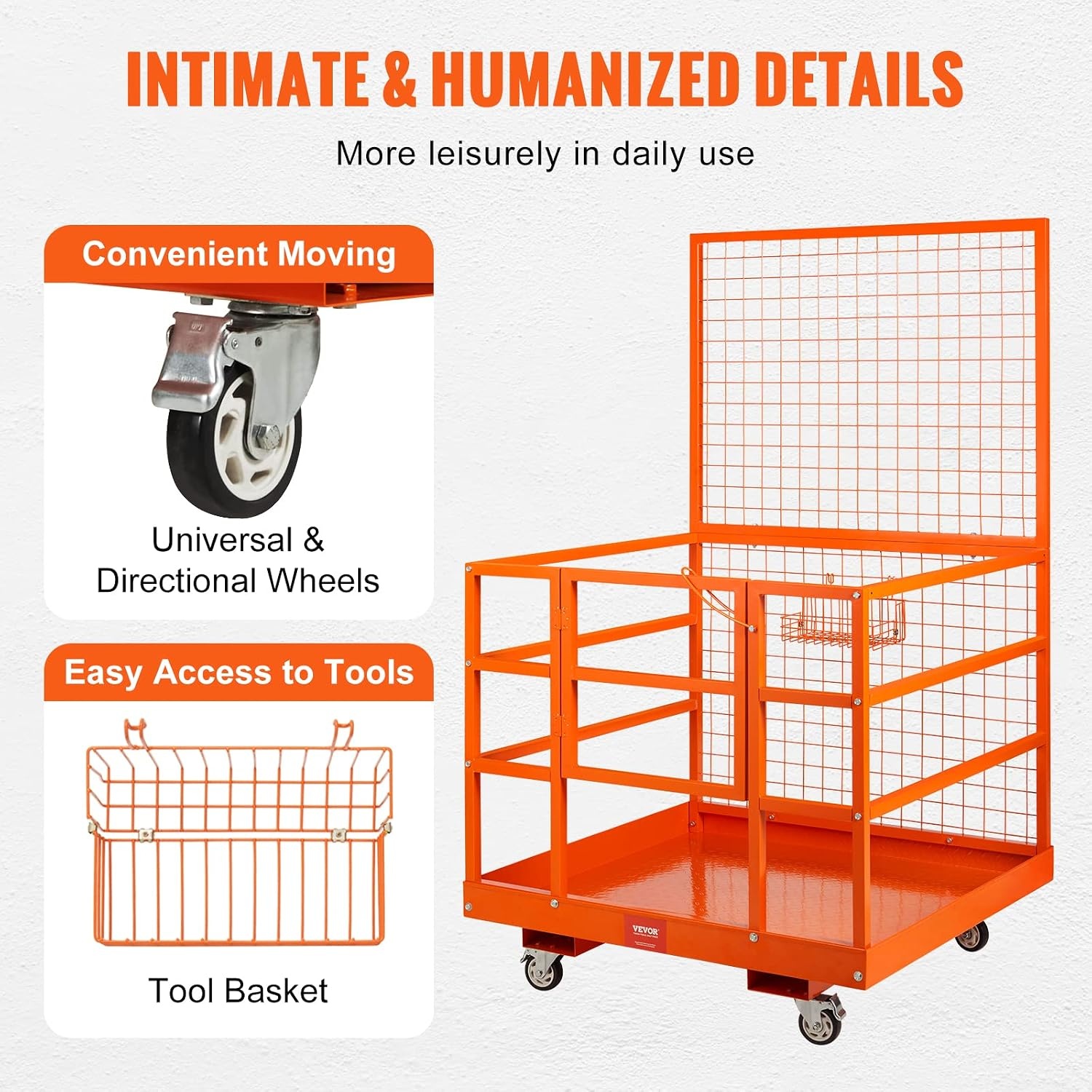 image:imageVEVOR Forklift Safety Cage Forklift Man Basket 1400lbs Capacity 43x45 Work Platform with Safety Harness amp Lock Drain Hole amp Wheels amp Tool Basket Perfect for Aerial Work43x45 with Wheels