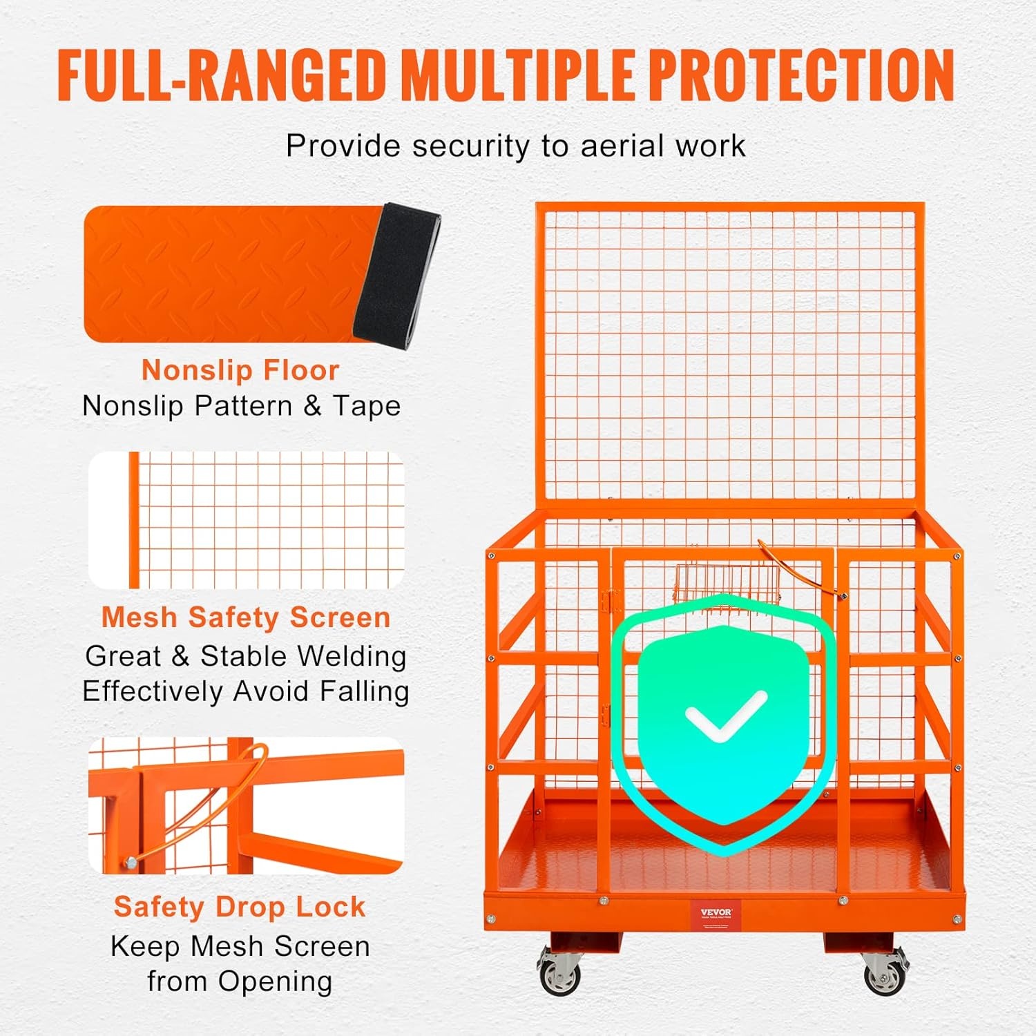 image:imageVEVOR Forklift Safety Cage Forklift Man Basket 1400lbs Capacity 43x45 Work Platform with Safety Harness amp Lock Drain Hole amp Wheels amp Tool Basket Perfect for Aerial Work43x45 with Wheels