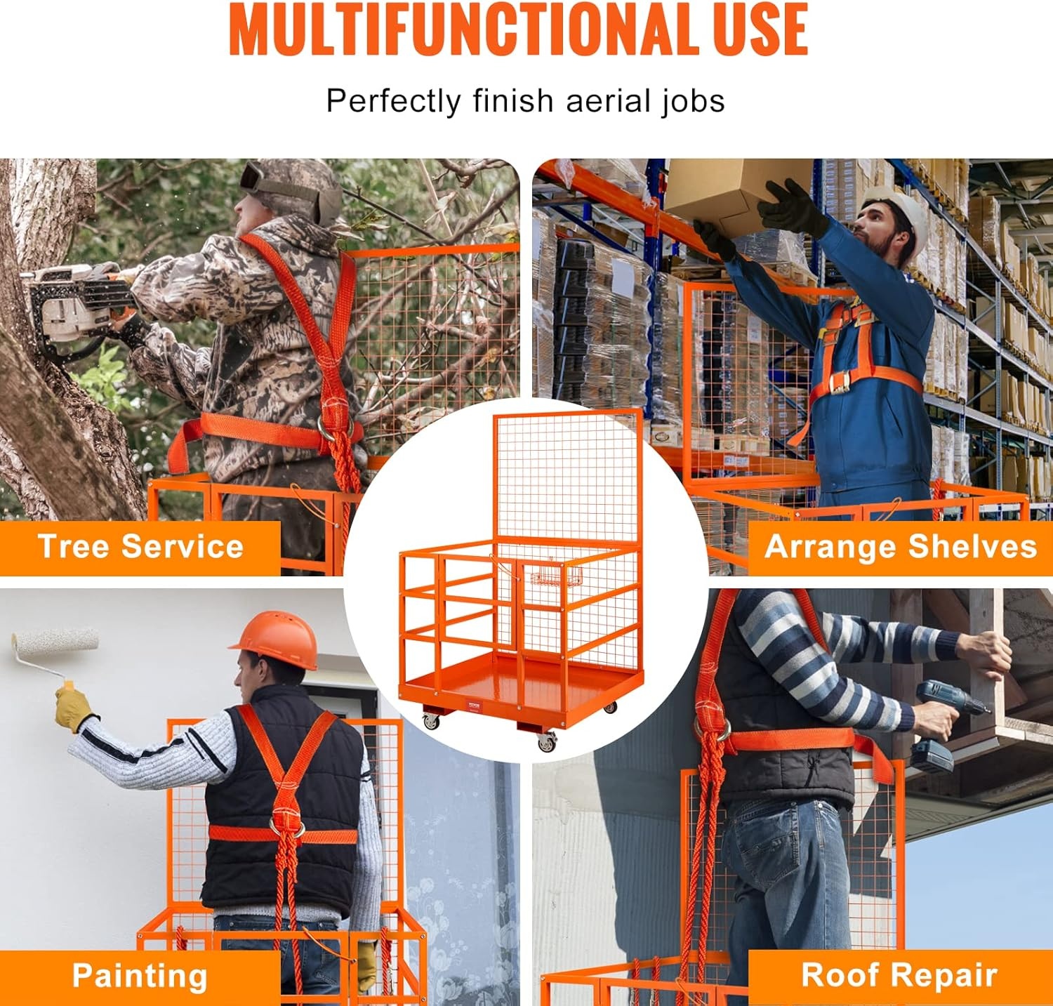 image:imageVEVOR Forklift Safety Cage Forklift Man Basket 1400lbs Capacity 43x45 Work Platform with Safety Harness amp Lock Drain Hole amp Wheels amp Tool Basket Perfect for Aerial Work43x45 with Wheels