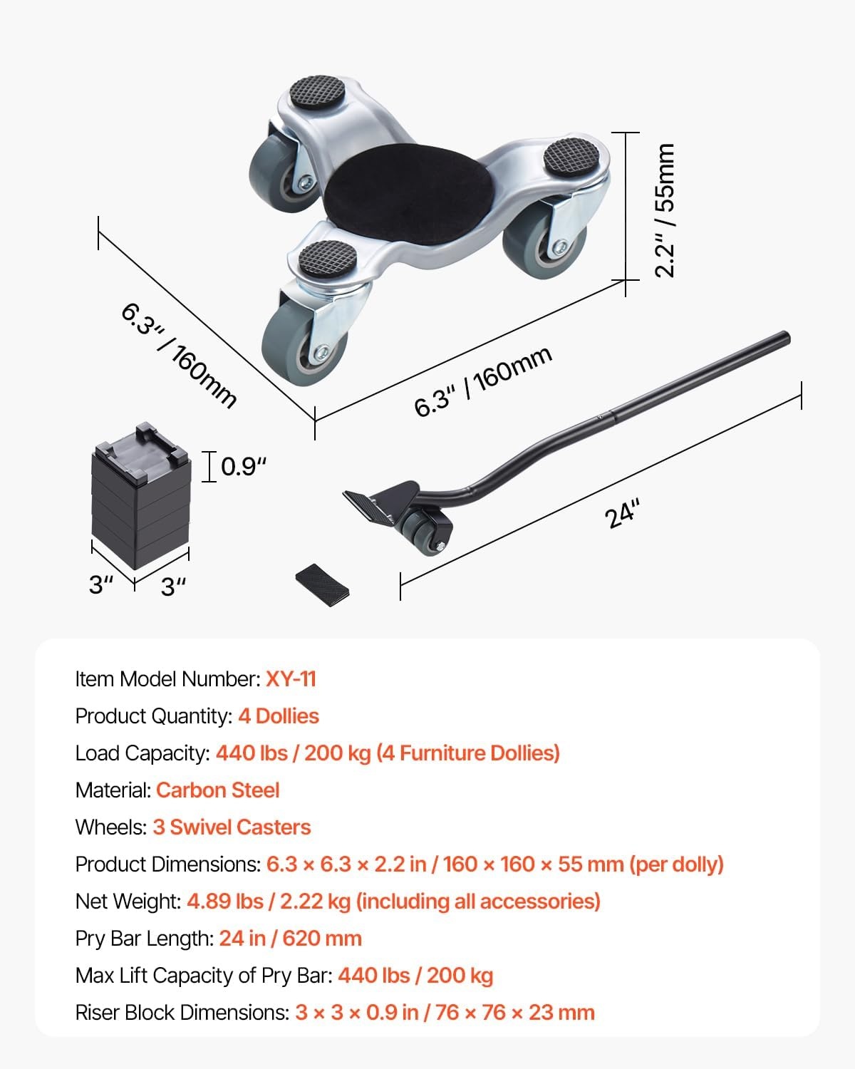 image:imageVEVOR Furniture Dolly 1000 lbs Load Capacity 18 x 30 4 x 3 PP Swivel Casters Heavy Duty Hardwood Furniture Moving Dolly Movers Dolly Moving Cart with Wheels for Heavy Furniture 1 Pack4 Pack 6Inch