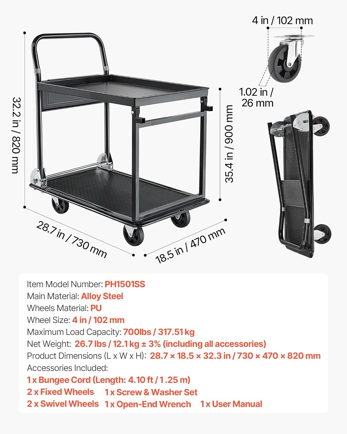 image:imageVEVOR Heavy Duty Platform Truck 2000 LBS Industrial Steel Flatbed Cart with 360 Swivel Wheels Platform Push Cart Dolly Easy Storage for WarehouseGarageMovingGarden 48 x 24 x 32287 x 185 x 323 in 730 x 470 x 820 mm