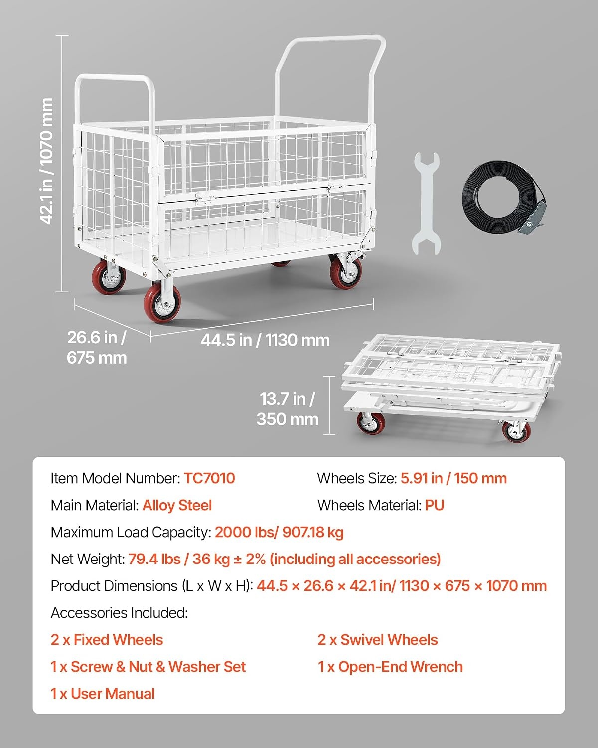 image:imageVEVOR Heavy Duty Platform Truck 2000 LBS Industrial Steel Flatbed Cart with 360 Swivel Wheels Platform Push Cart Dolly Easy Storage for WarehouseGarageMovingGarden 48 x 24 x 32445 x 266 x 421 in 1130 x 675 x 1070 mm