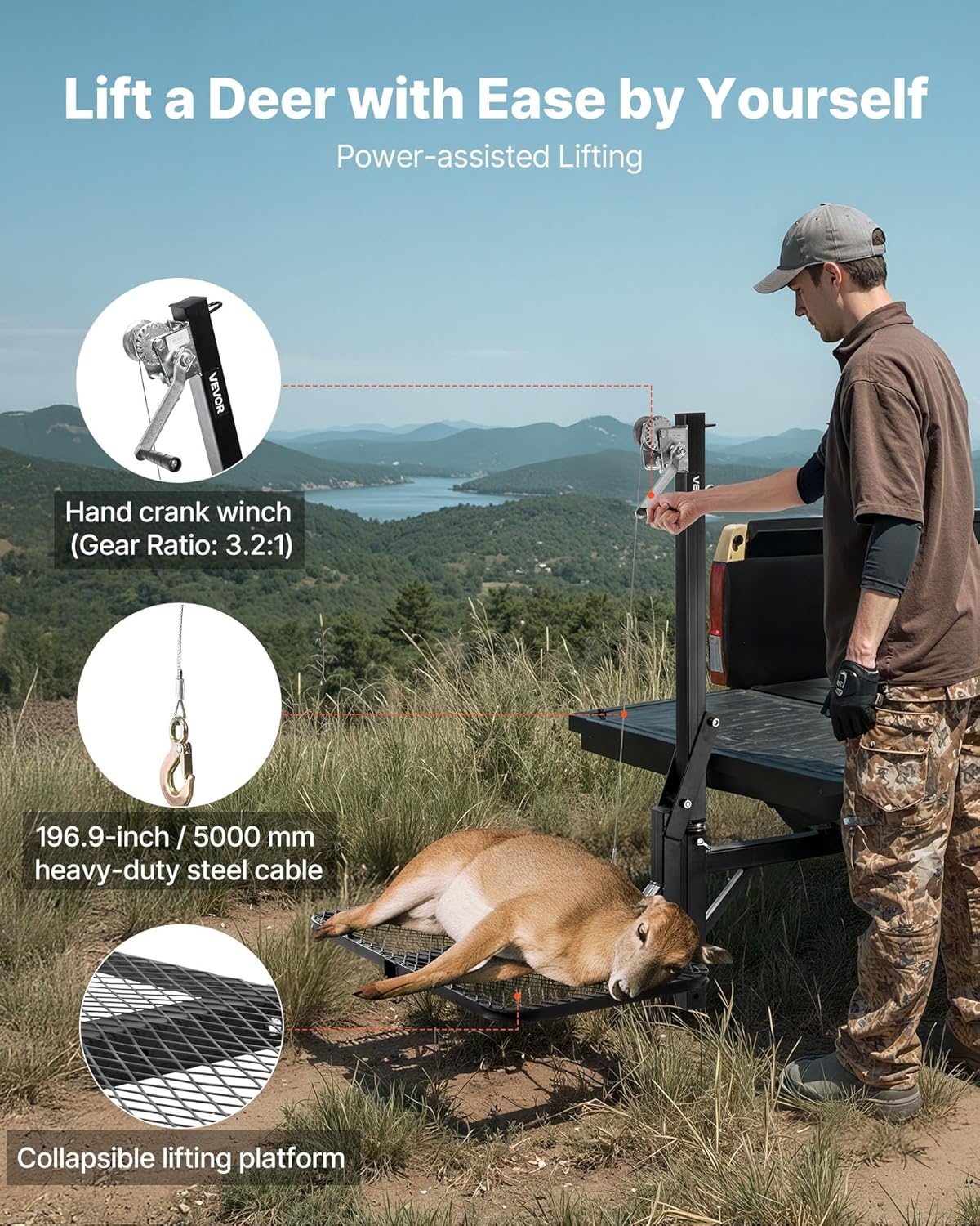image:imageVEVOR Hitch Deer Hoist with Lifting System Platform 300 lbs Load Capacity Game Hoist Winch Lift with 2inch Receiver 360Degree Swivel Shaft amp Foldable HitchMounted Deer Hanger for Moving Game300 lbs