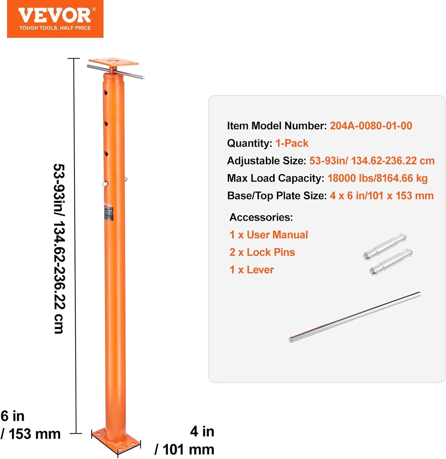 image:imageVEVOR House Floor Jack 5393 Height Range 18000 lbs Max Load Capacity Adjustable Support Beam Basement Jack Post Pole for Leveling Lift Support Steel Telescoping Jack Post for Temporary Support Adjustable Beam Basement Jack Post Pole for Leveling Lift Support Steel Telescoping Post for Temporary Support Construction5393