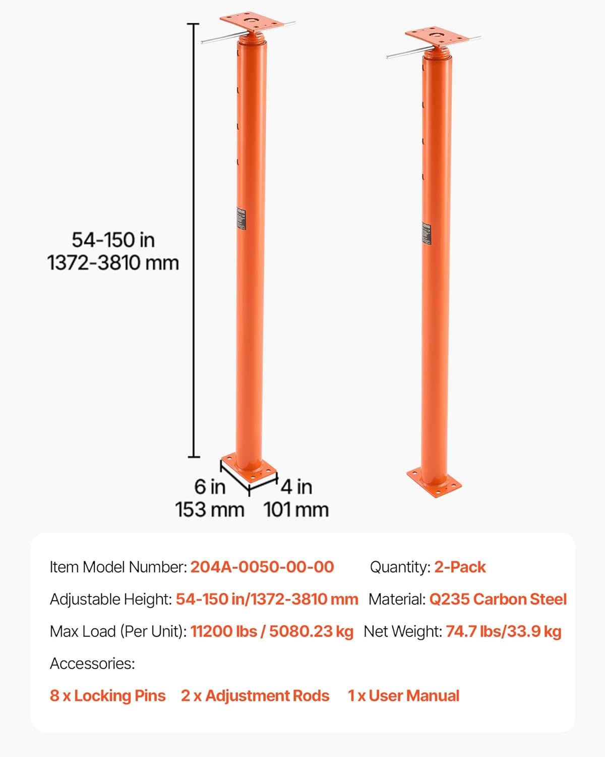 image:imageVEVOR House Floor Jacks 2 Pack 54150 Inch Height Range 11200 lbs Max Load Capacity Adjustable Support Beam Basement Jack Post Pole for Leveling Lift Steel Telescoping Post for Temporary Support54150