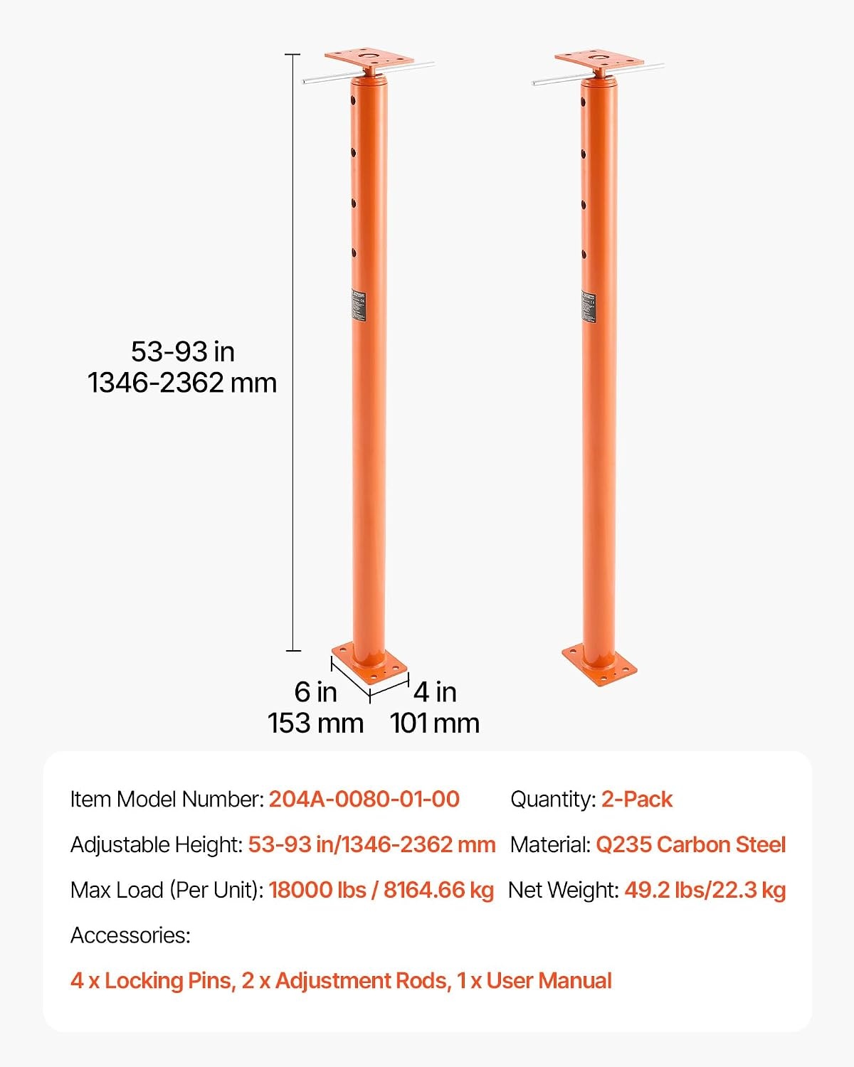 image:imageVEVOR House Floor Jacks 2 Pack 54150 Inch Height Range 11200 lbs Max Load Capacity Adjustable Support Beam Basement Jack Post Pole for Leveling Lift Steel Telescoping Post for Temporary Support5393