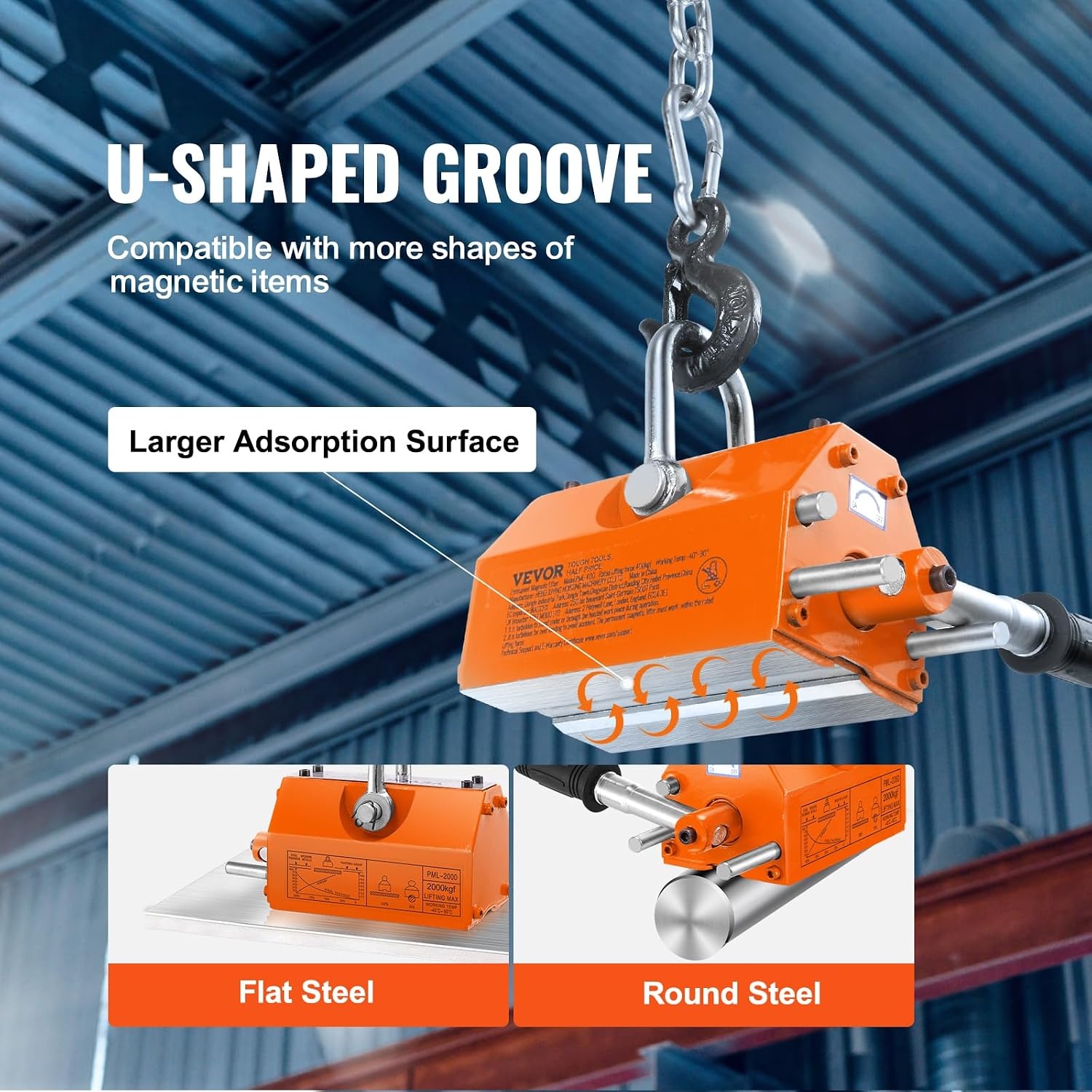 image:imageVEVOR Magnetic Lifter 600kg Pulling Capacity 25 Safety Factor Steel and Neodymium Lifting Magnet with Release Permanent Lift Magnets Heavy Duty Magnet for Hoist Block Shop Crane4400 lbs2000 kg
