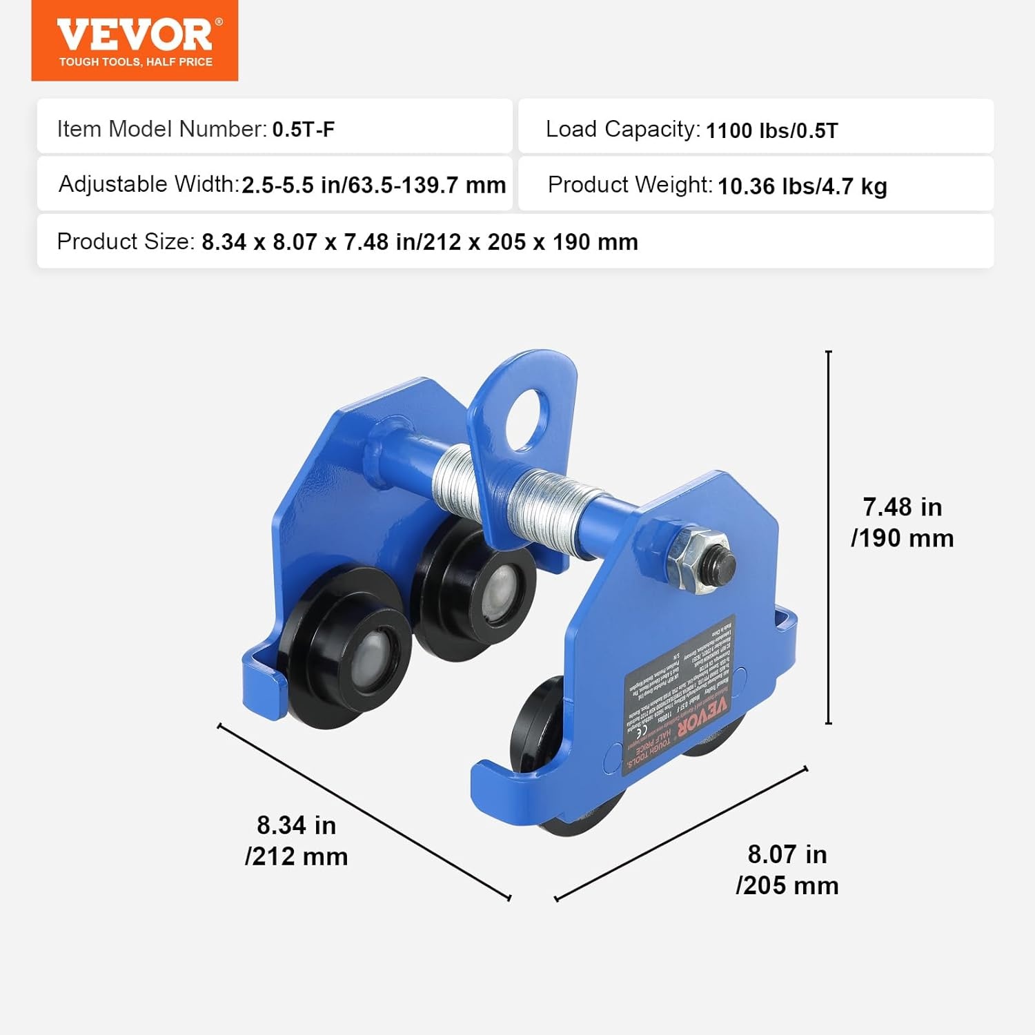 image:imageVEVOR Manual Trolley 1100 lbs05 Ton Load Capacity Push Beam Trolley with Dual Wheels Adjustable for IBeam Flange Width 25 to 55 Heavy Duty Alloy Steel Garage Hoist for Straight Curved I Beam1100 lbs