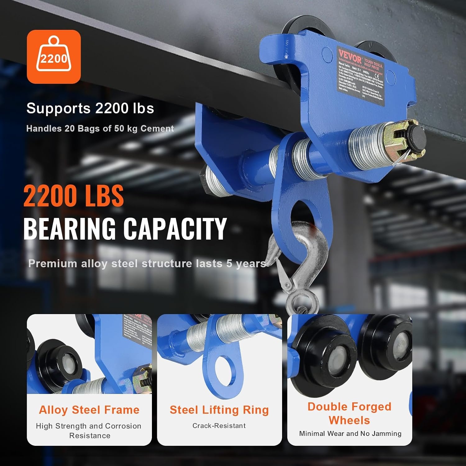 image:imageVEVOR Manual Trolley 1100 lbs05 Ton Load Capacity Push Beam Trolley with Dual Wheels Adjustable for IBeam Flange Width 25 to 55 Heavy Duty Alloy Steel Garage Hoist for Straight Curved I Beam2200 lbs