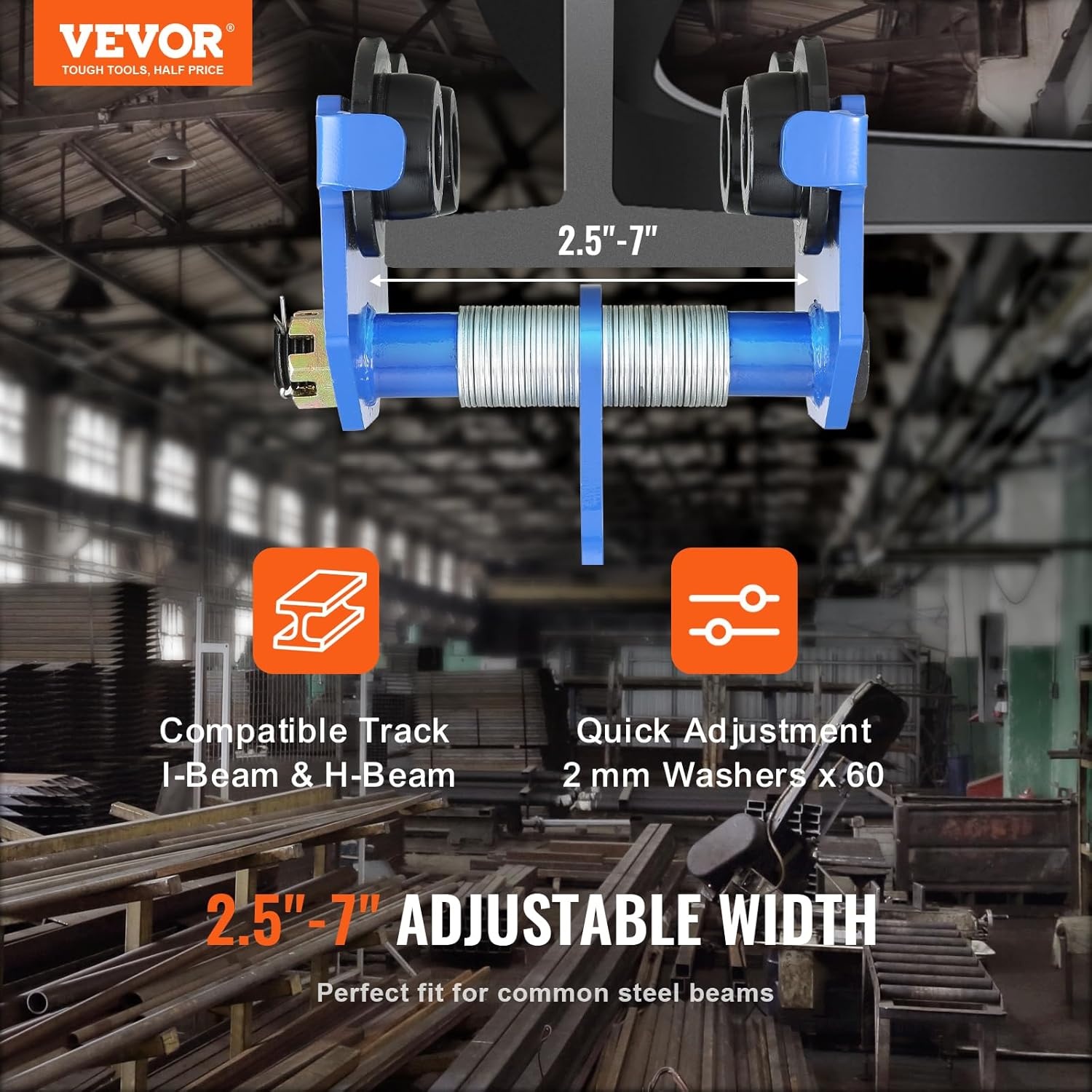 image:imageVEVOR Manual Trolley 1100 lbs05 Ton Load Capacity Push Beam Trolley with Dual Wheels Adjustable for IBeam Flange Width 25 to 55 Heavy Duty Alloy Steel Garage Hoist for Straight Curved I Beam2200 lbs