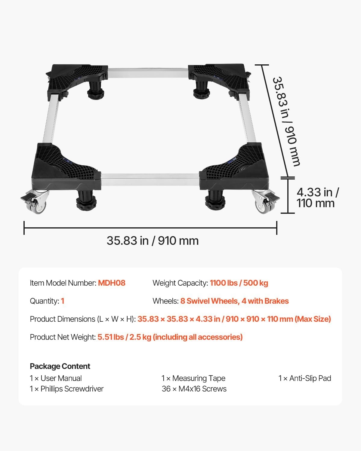 image:imageVEVOR Mini Fridge Stand 275 to 354 Universal Mobile Base with 4 Strong Feet 4 Locking Swivel Wheels Adjustable Furniture Mover Mobile Base for Washing Machine Refrigerator Washer and Dryer