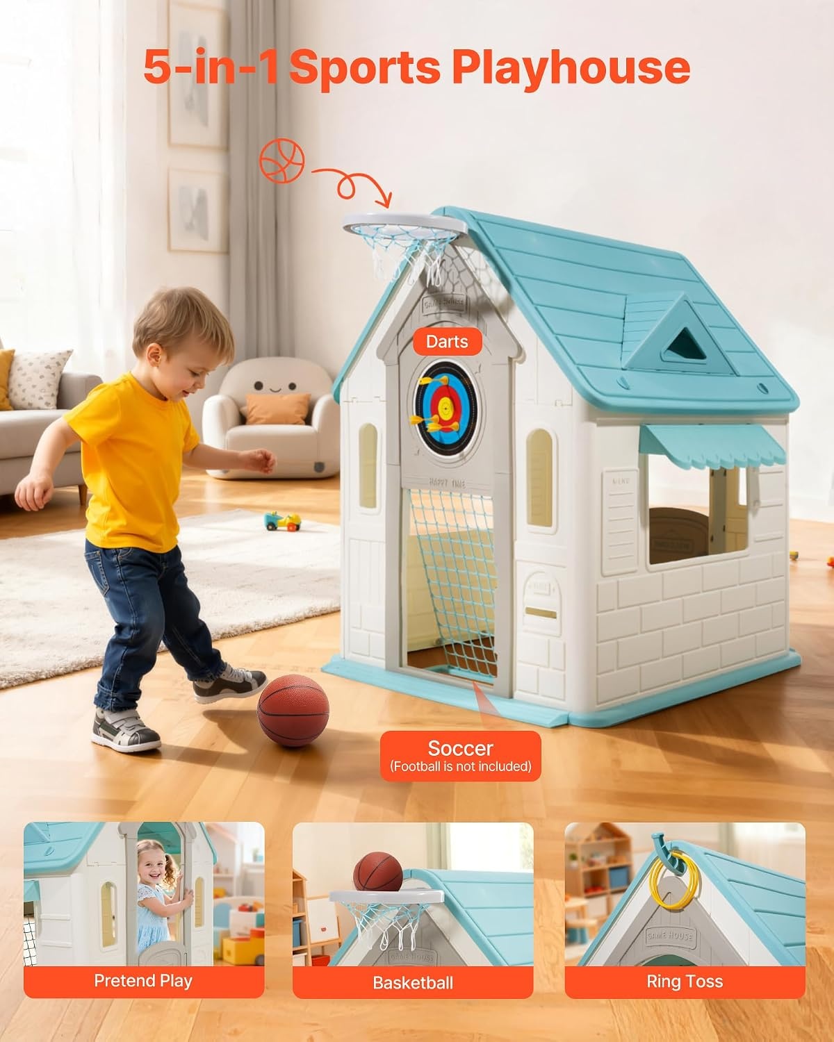 image:imageVEVOR Outdoor Playhouse 5In1 Cottage Play House with Pretend Play Basketball Darts Soccer Ring Toss Window amp Convenient Door Toddler Slide Set for Aged 2 Smooth Edges Polypropylene Plastic