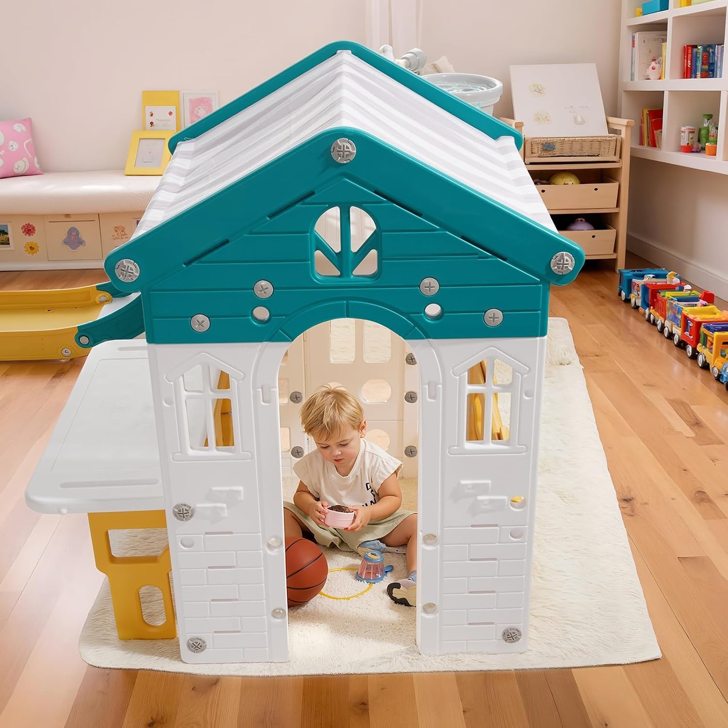 image:imageVEVOR Outdoor Playhouse Versatile Toddler Playground with Slide Basketball Telescope Steering Wheel Crawling Tunnel Sales Window Toddler Playset for Aged 1 Open Play Structure HDPE Plastic
